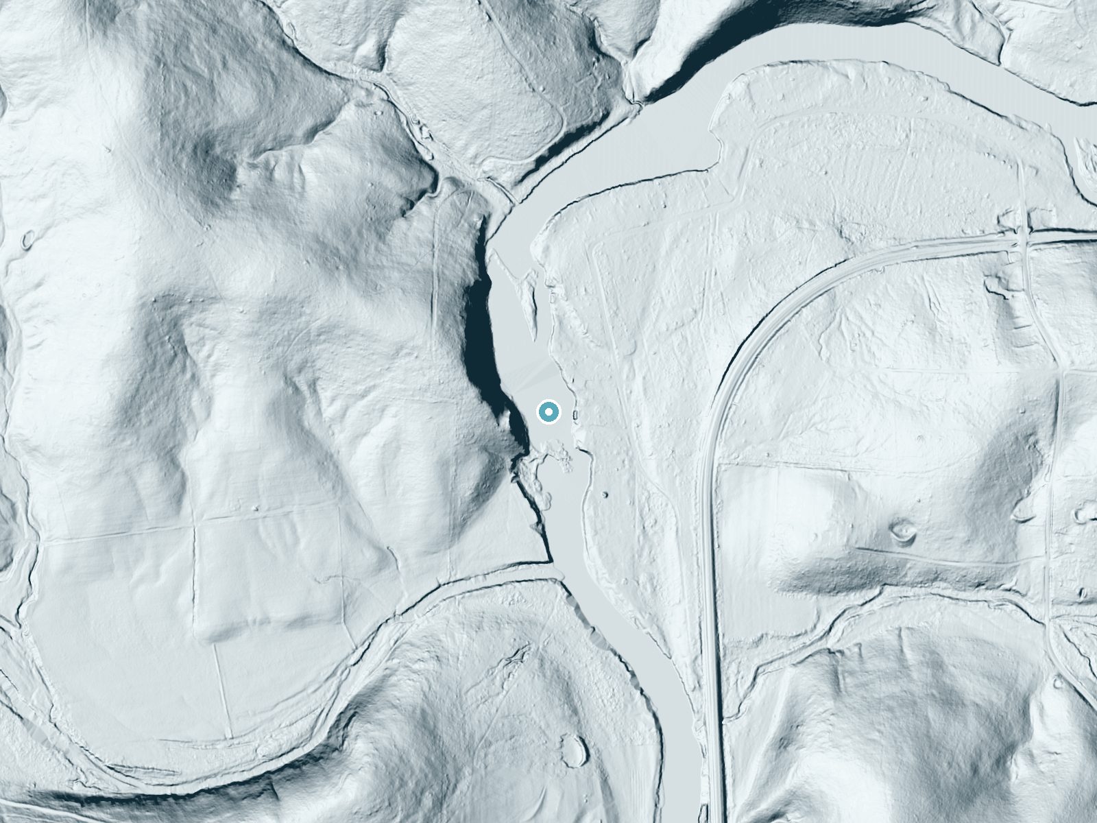 LiDAR bare-earth terrain around Saddler Falls near Mammoth Spring, Arkansas, showing about 65 feet of drop, a steep tiered drop, facing east