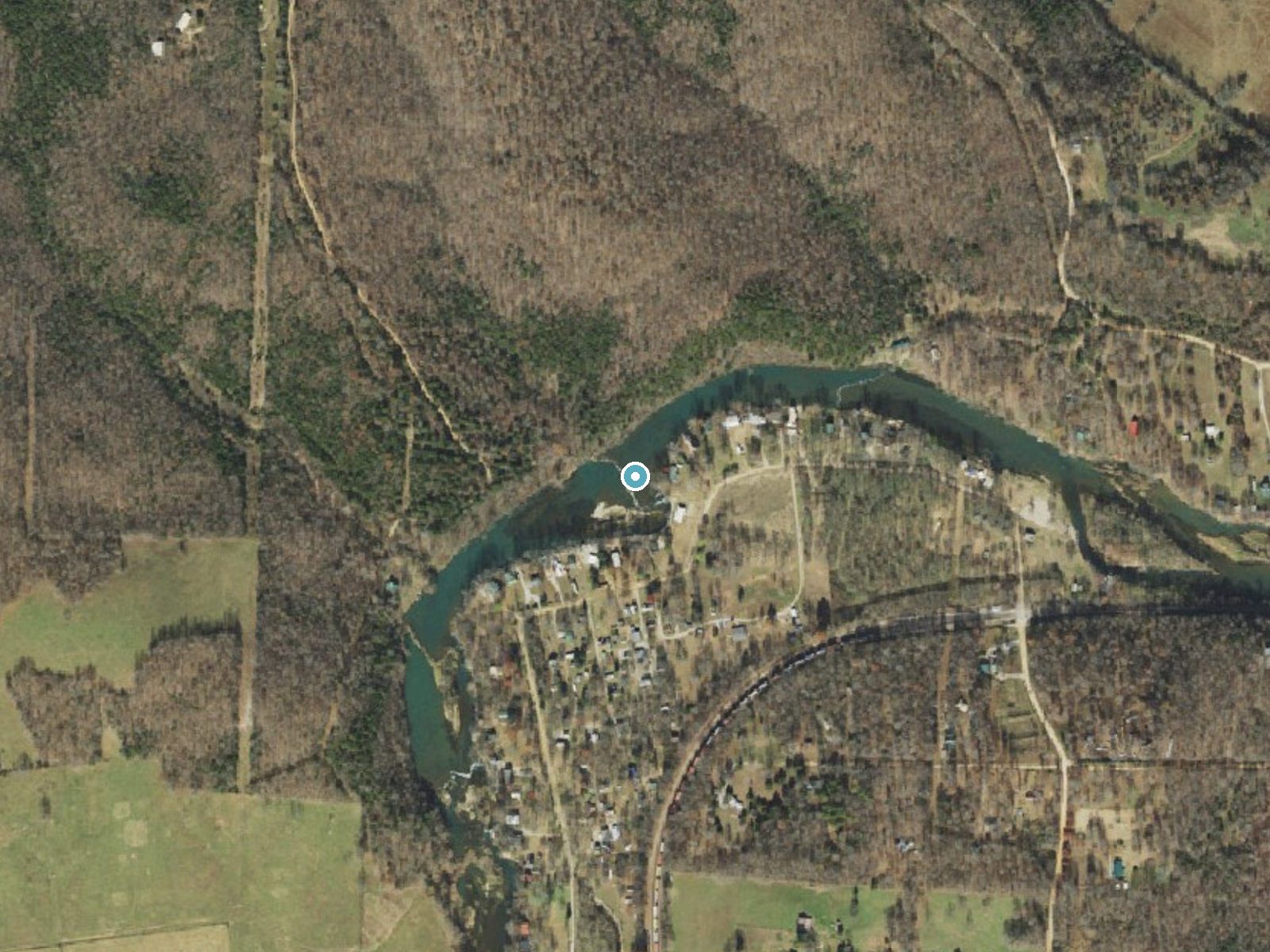Aerial photo of the same ground around Cottonwood Falls near Mammoth Spring, Arkansas, for comparison with the lidar view
