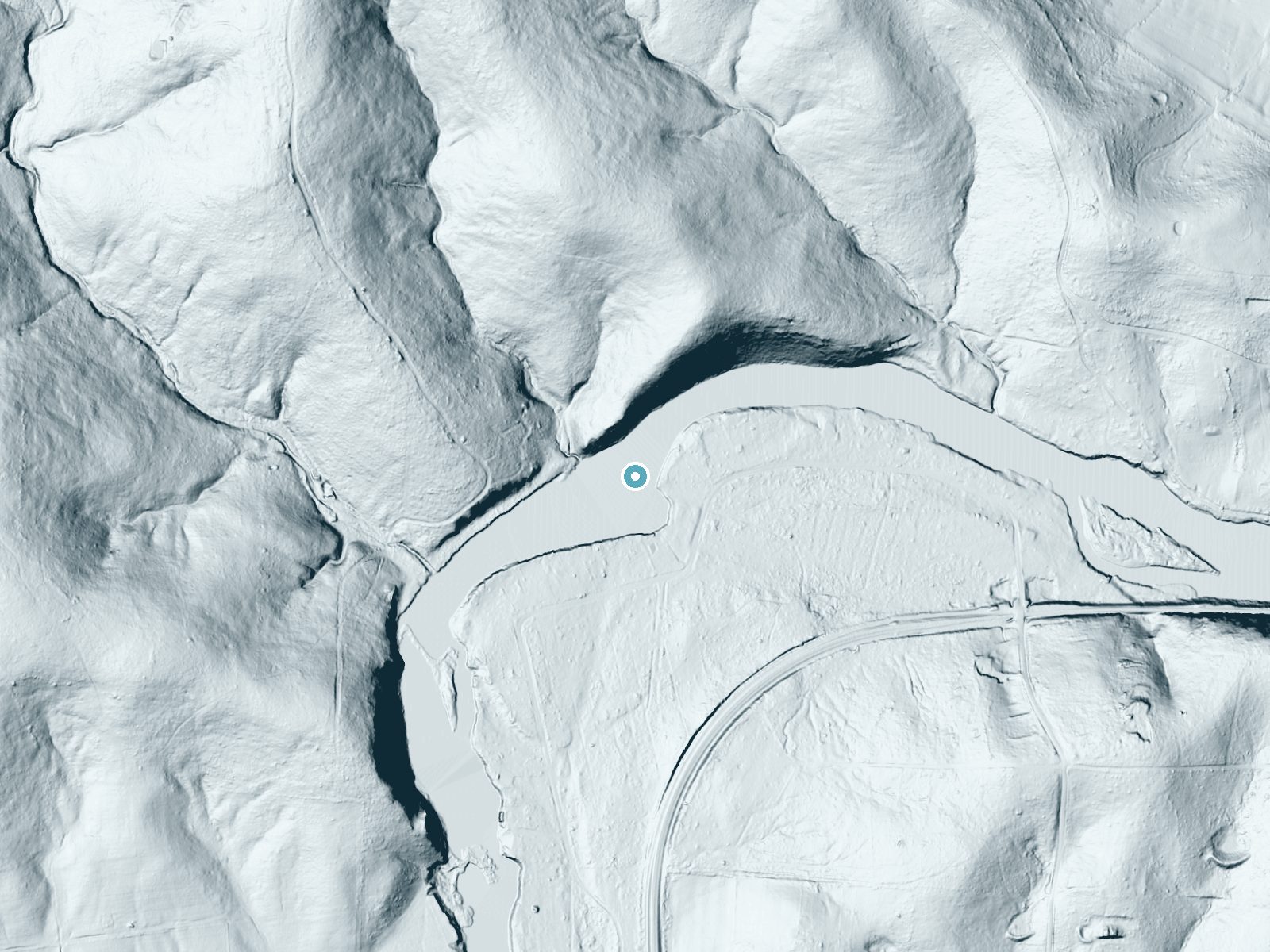 LiDAR bare-earth terrain around Cottonwood Falls near Mammoth Spring, Arkansas, showing about 57 feet of drop, a steep tiered drop, facing south