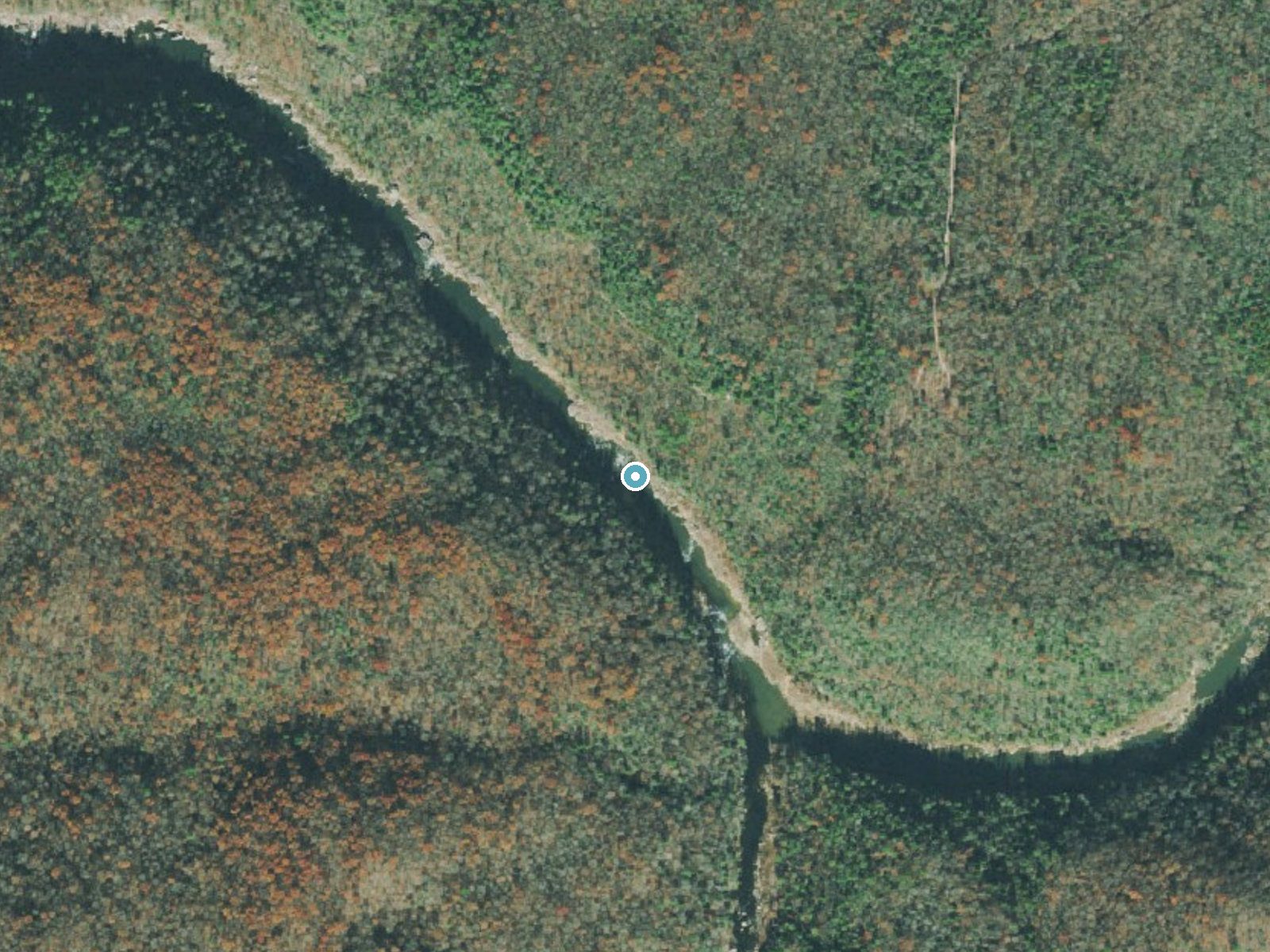 Aerial photo of the same ground around Double Falls near Helenwood, Tennessee, for comparison with the lidar view