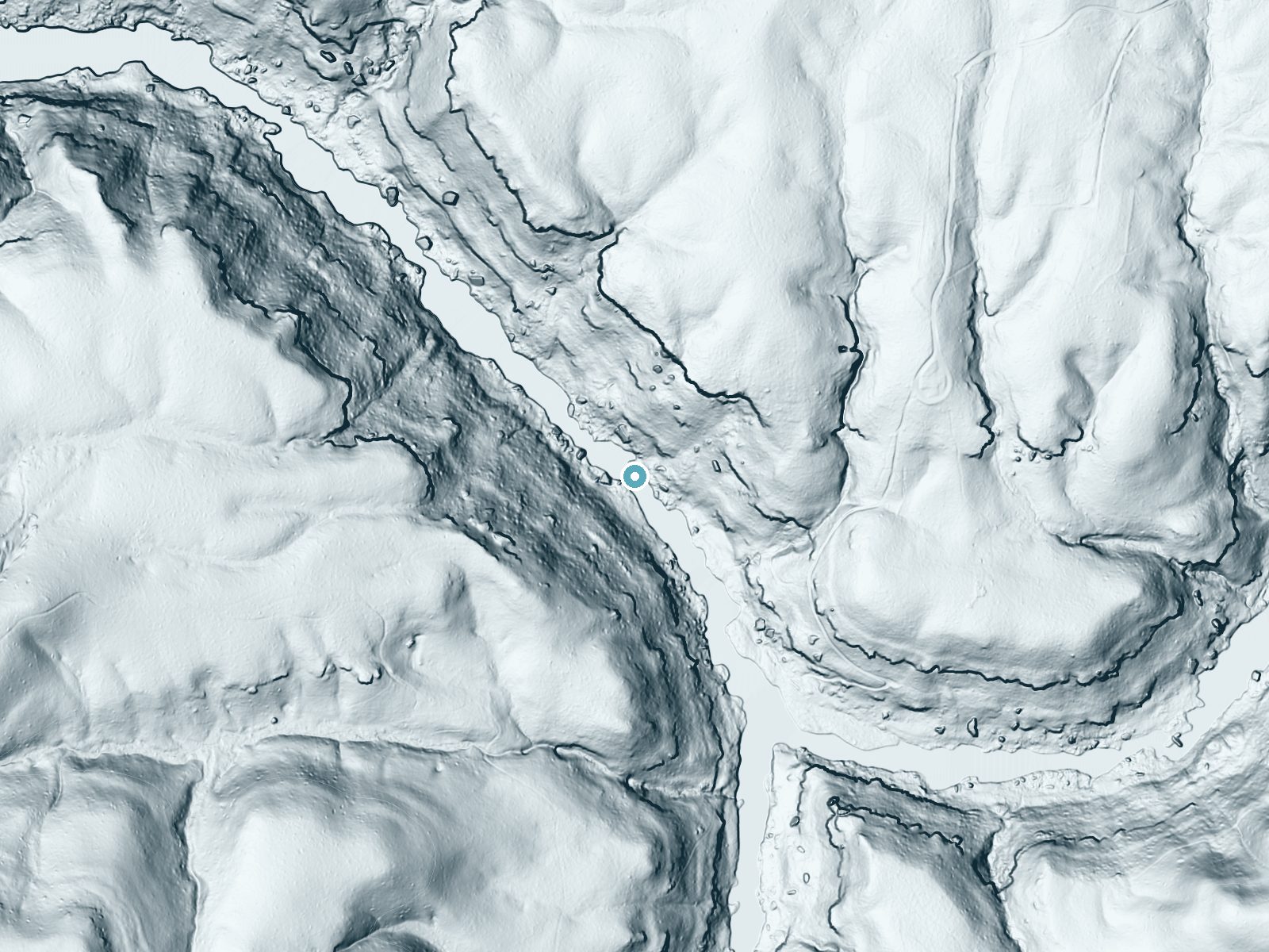 LiDAR bare-earth terrain around Double Falls near Helenwood, Tennessee, showing about 116 feet of drop, a steep tiered drop, facing southwest