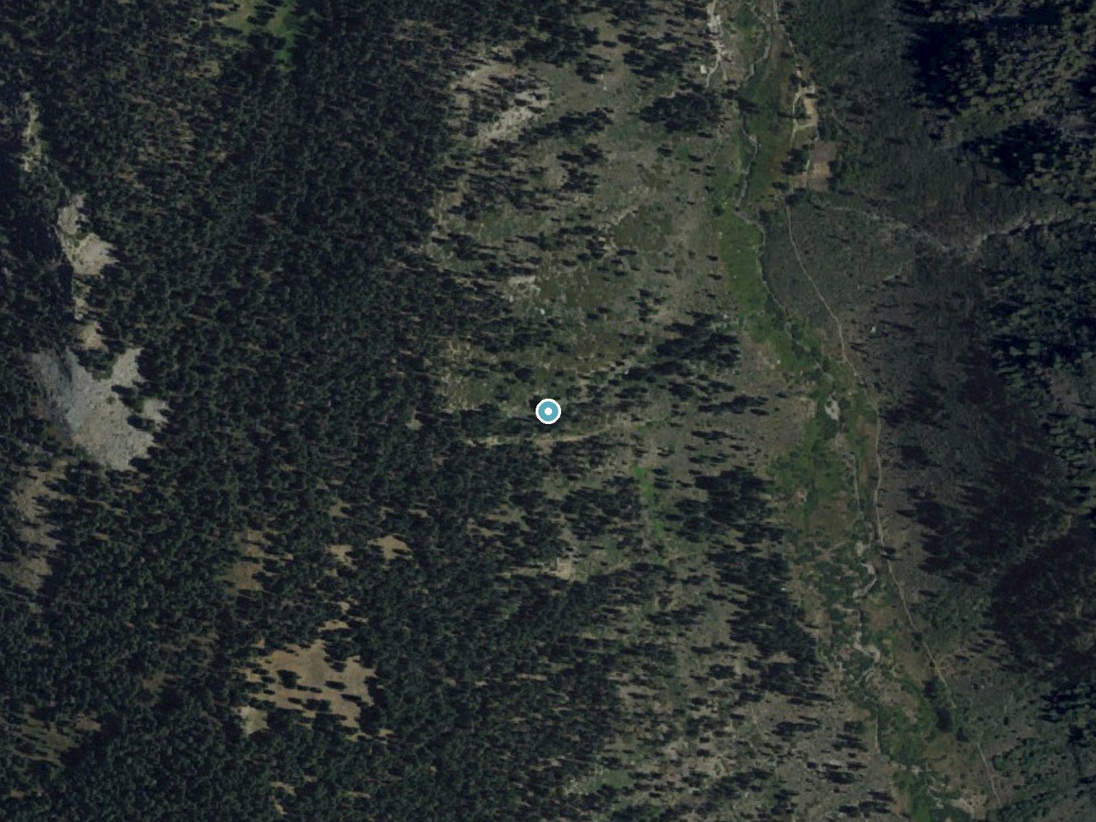 Aerial photo of the same ground around Tufa Falls near Three Rivers, California, for comparison with the lidar view