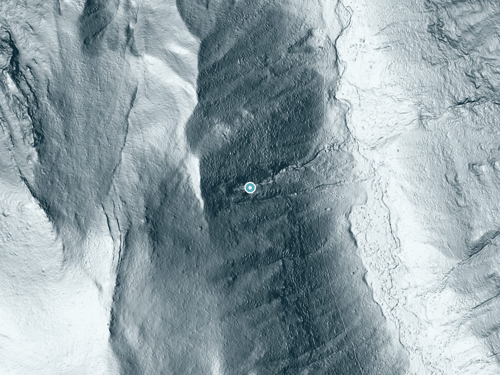 LiDAR bare-earth terrain around Tufa Falls near Three Rivers, California, showing about 322 feet of drop, a steep tiered drop, facing east