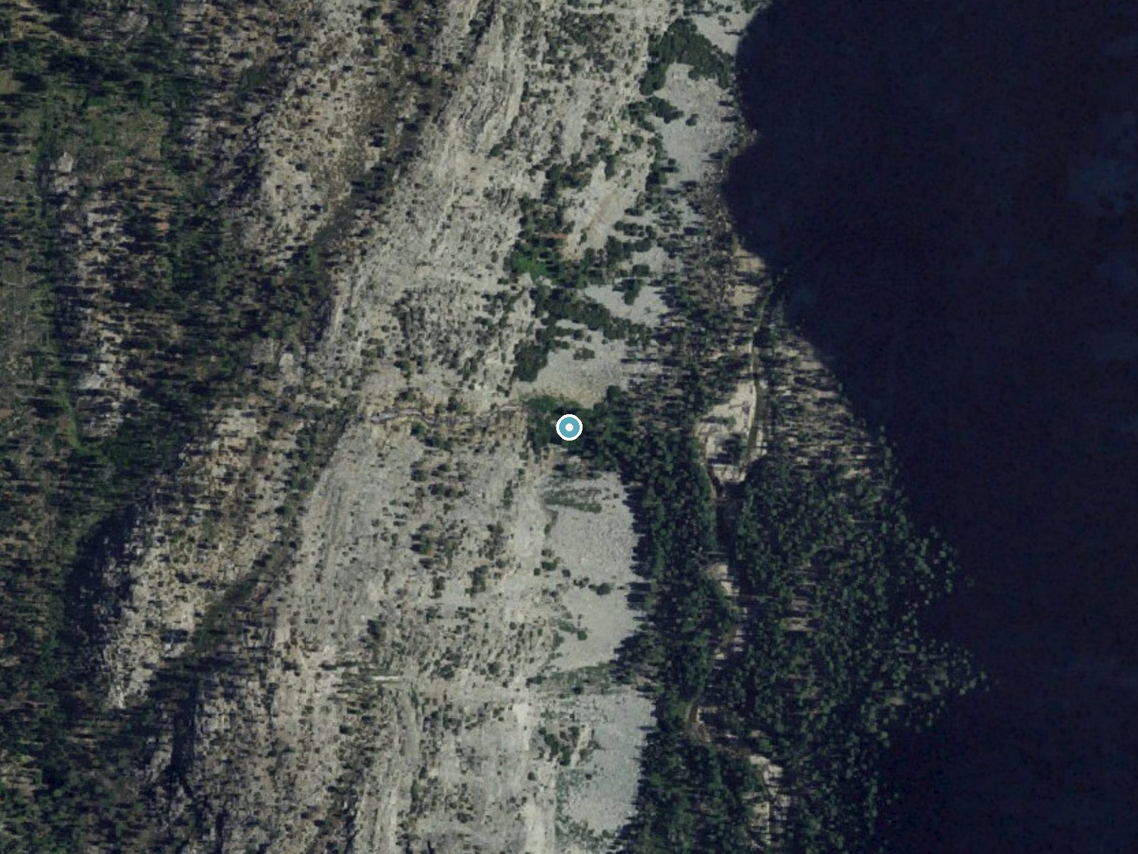 Aerial photo of the same ground around Chagoopa Falls near Lone Pine, California, for comparison with the lidar view