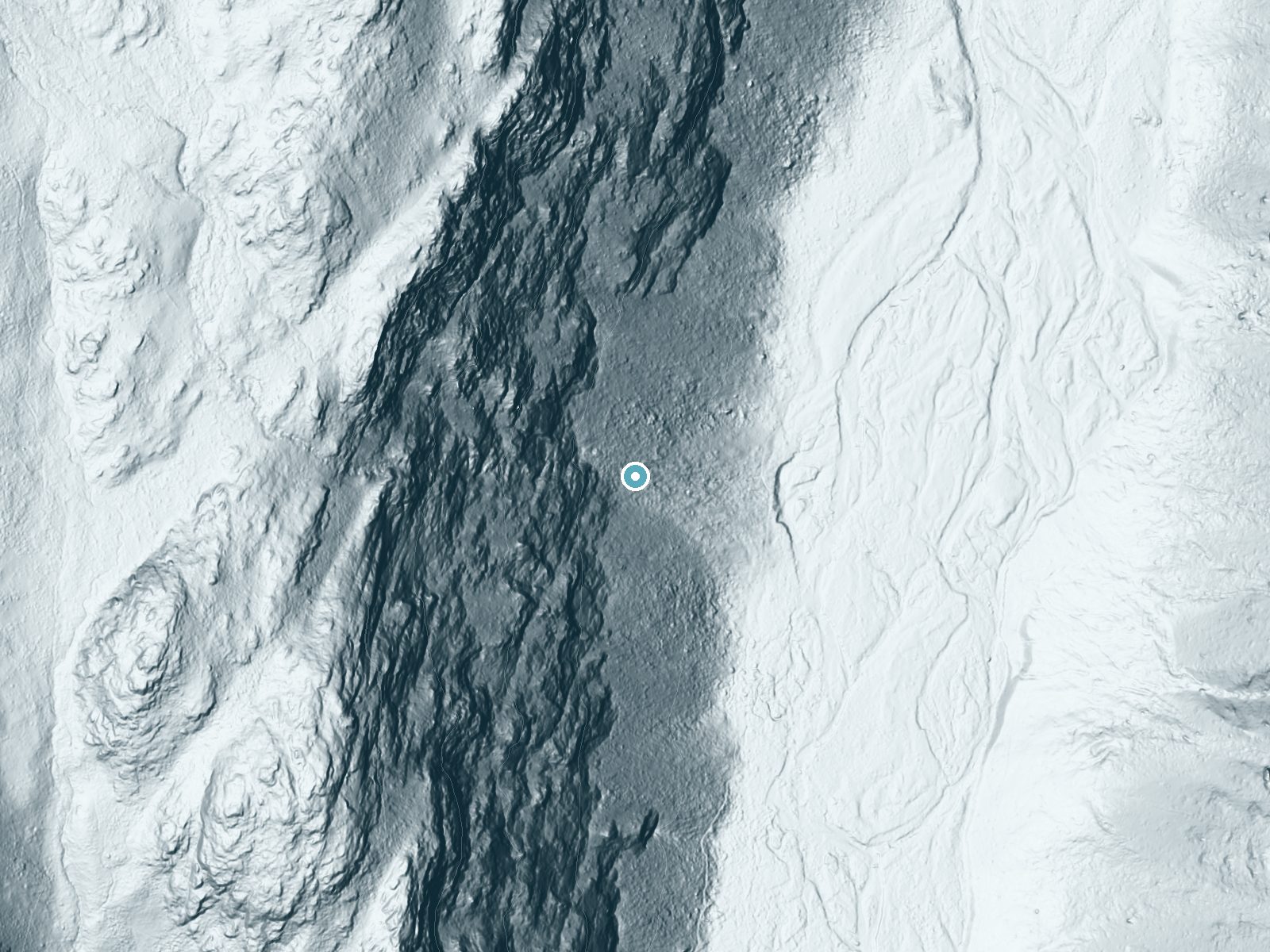 LiDAR bare-earth terrain around Chagoopa Falls near Lone Pine, California, showing about 353 feet of drop, a steep tiered drop, facing east
