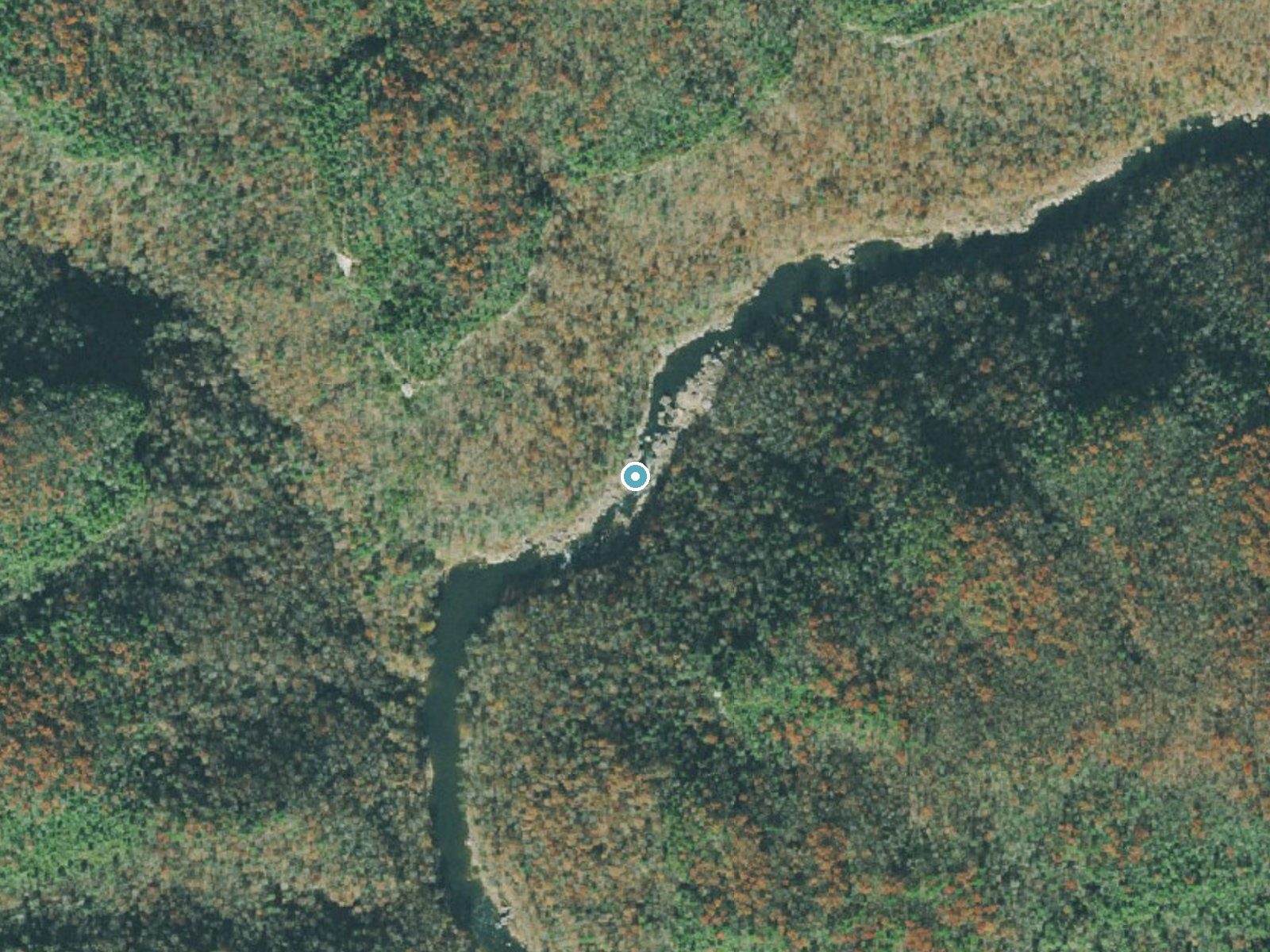 Aerial photo of the same ground around The Falls near Oneida, Tennessee, for comparison with the lidar view