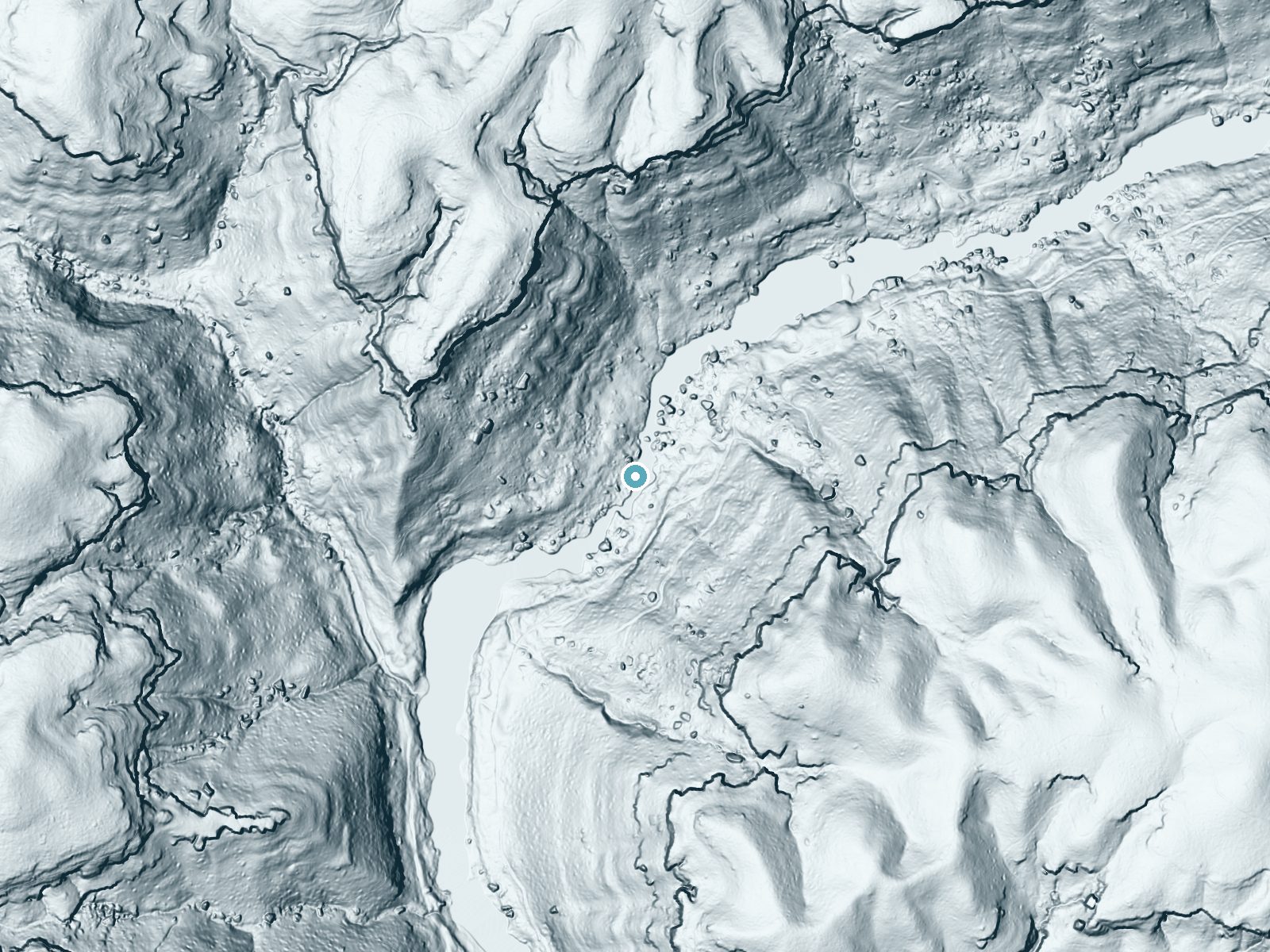 LiDAR bare-earth terrain around The Falls near Oneida, Tennessee, showing about 76 feet of drop, a long cascade, facing northeast