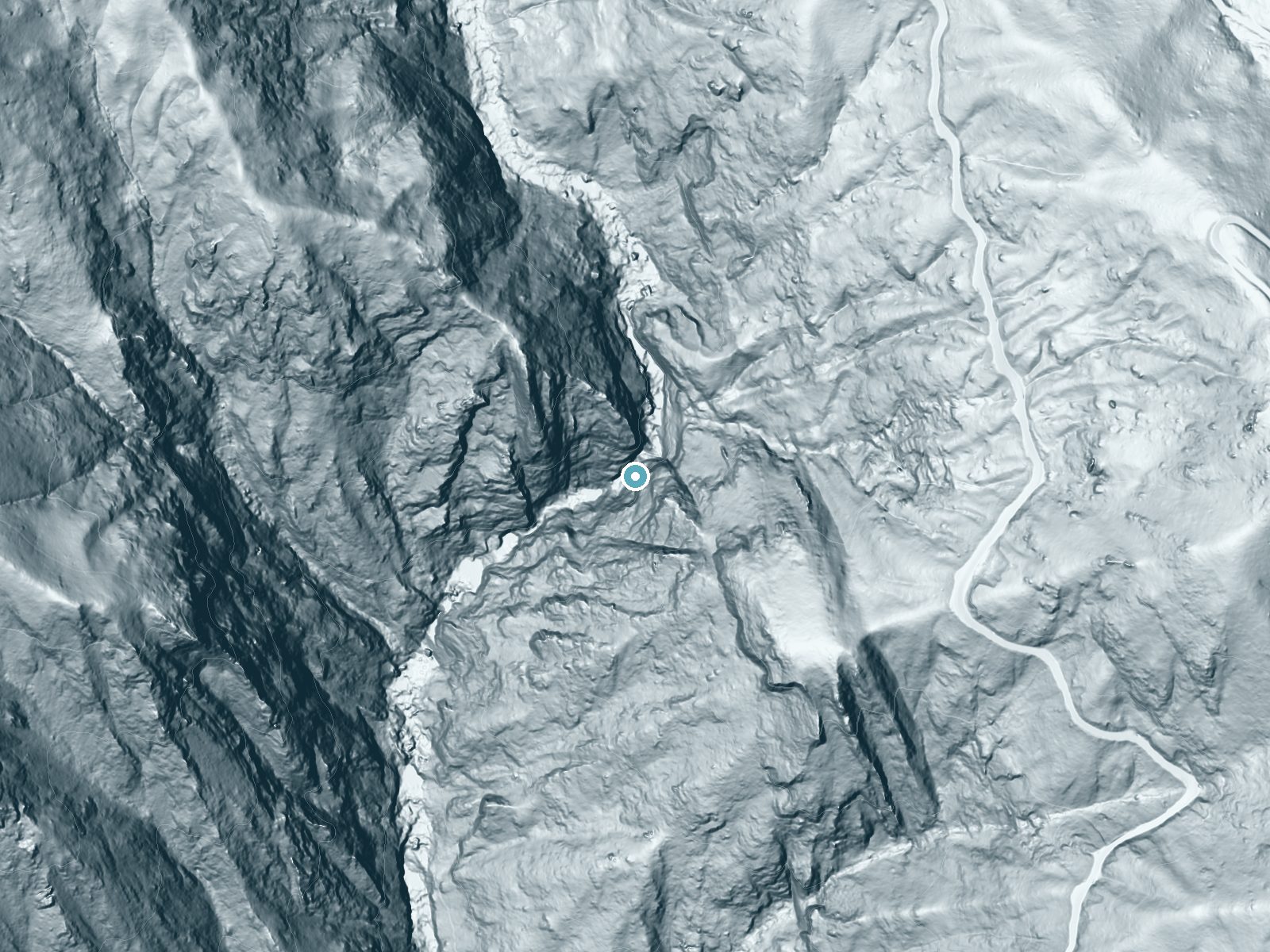 LiDAR bare-earth terrain around Marble Falls near Three Rivers, California, showing about 641 feet of drop, a single sheer drop, facing west