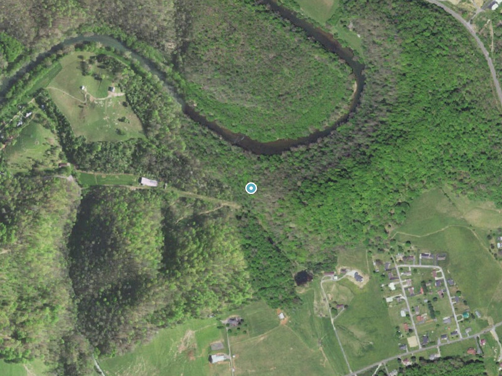 Aerial photo of the same ground around Monkey Falls near Weber City, Virginia, for comparison with the lidar view
