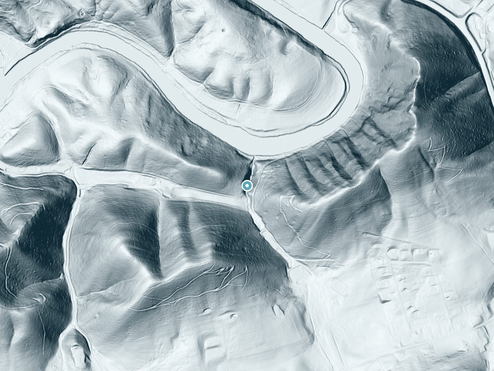 LiDAR bare-earth terrain around Monkey Falls near Weber City, Virginia, showing about 187 feet of drop, a long cascade, facing north