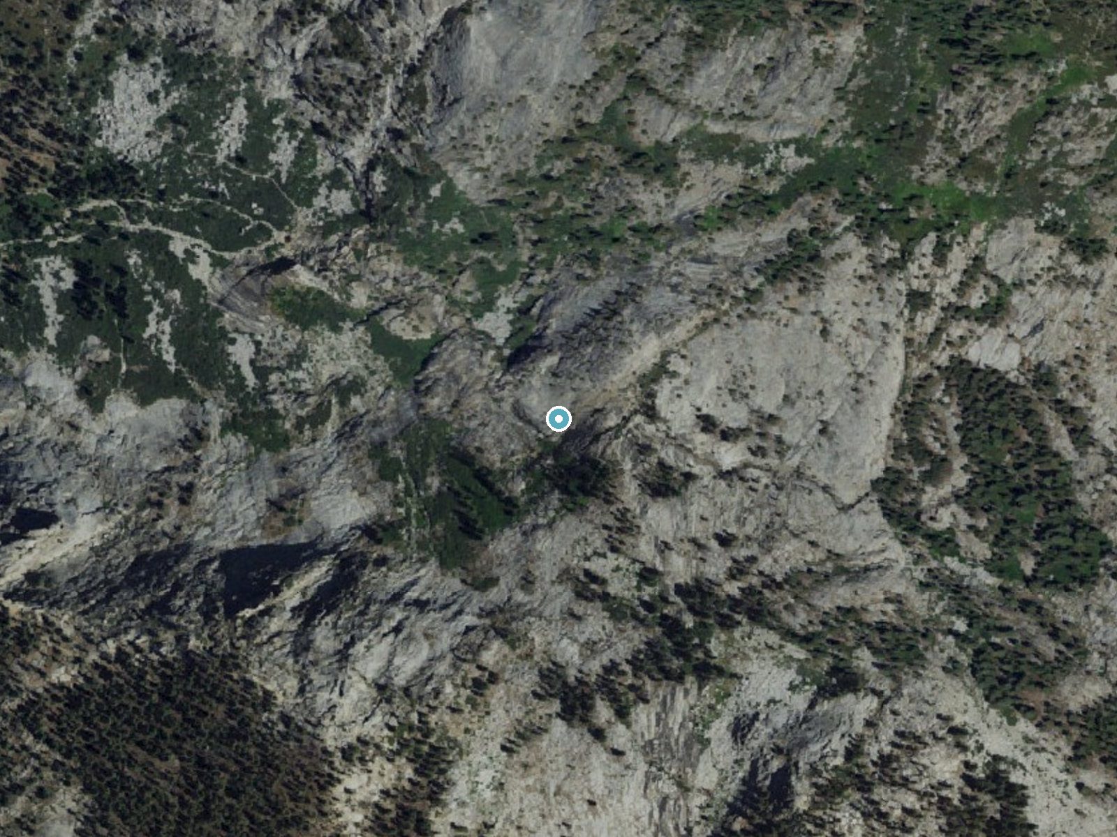 Aerial photo of the same ground around Tokopah Falls near Three Rivers, California, for comparison with the lidar view