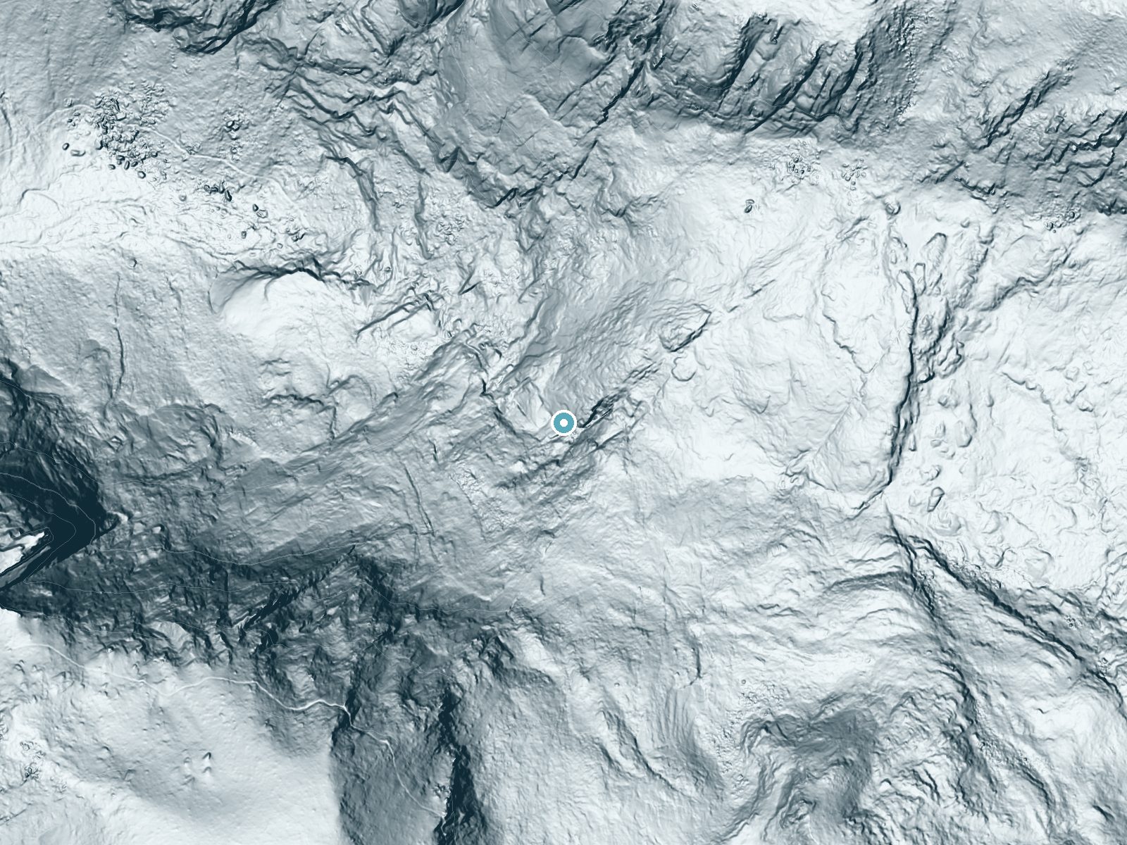 LiDAR bare-earth terrain around Tokopah Falls near Three Rivers, California, showing about 378 feet of drop, a single sheer drop, facing west