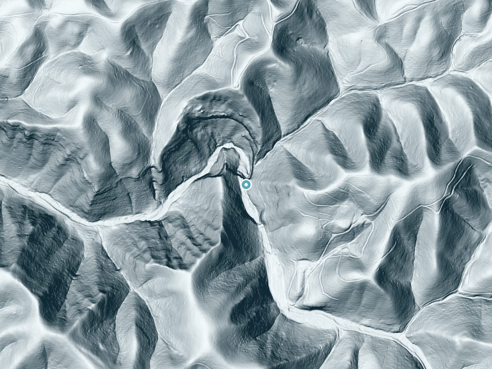 LiDAR bare-earth terrain around Abrams Falls near Mendota, Virginia, showing about 265 feet of drop, a steep tiered drop, facing northwest