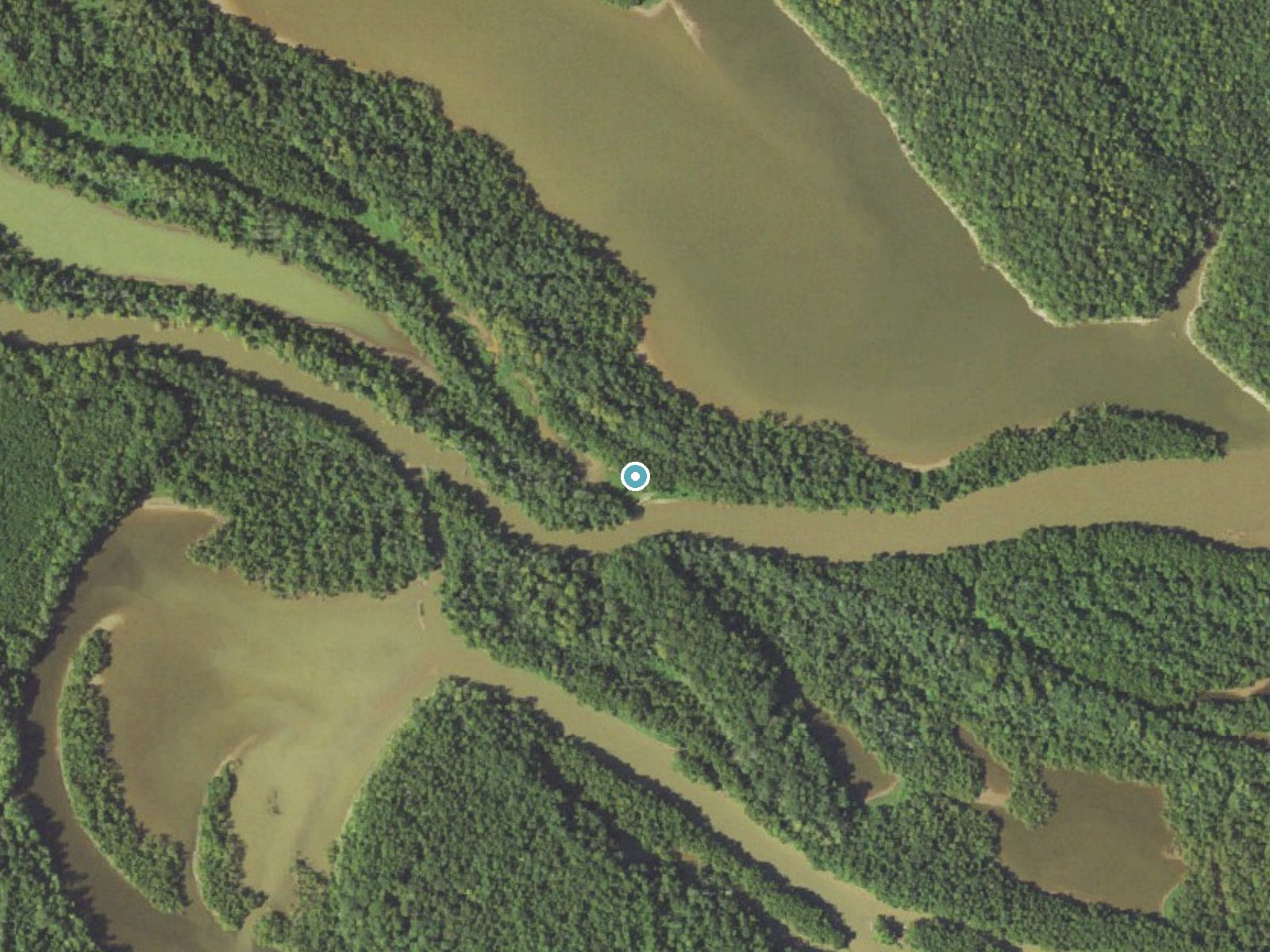 Aerial photo of the same ground around Hyco Falls (historical) near Scottsburg, Virginia, for comparison with the lidar view