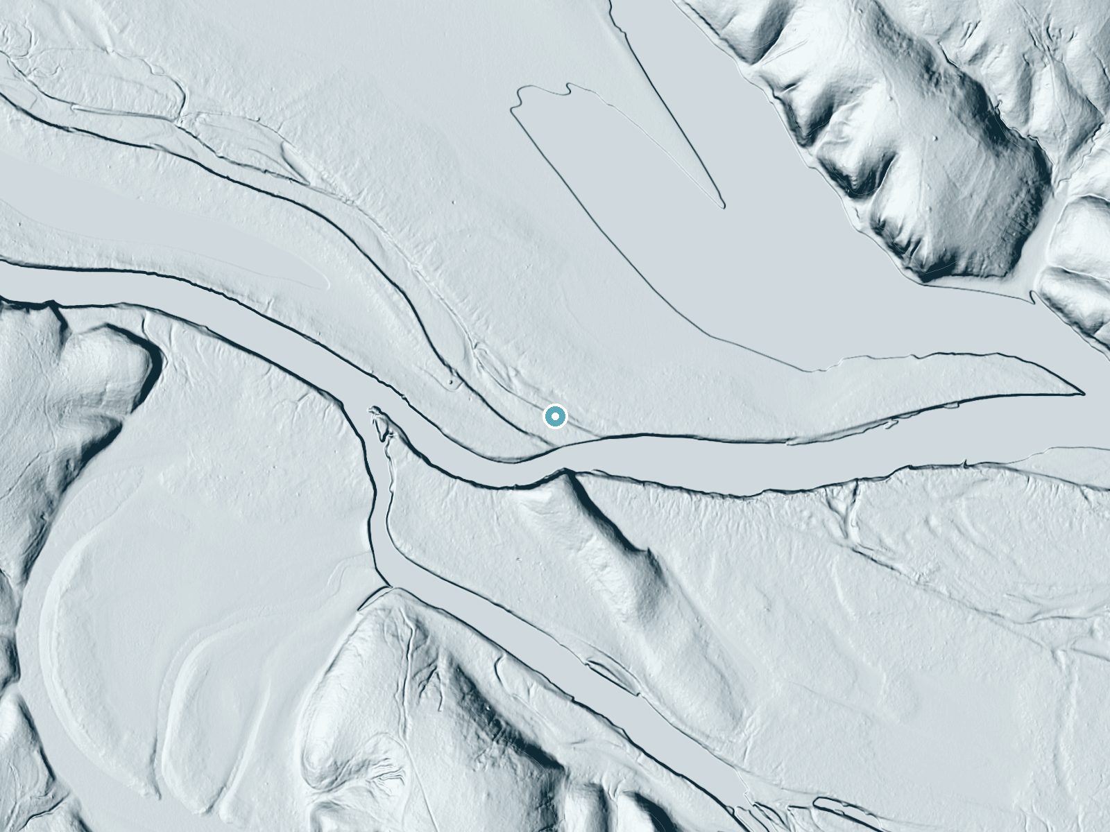 LiDAR bare-earth terrain around Hyco Falls (historical) near Scottsburg, Virginia