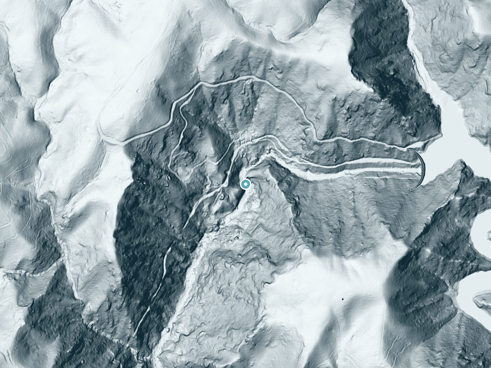 LiDAR bare-earth terrain around Great Falls of Dan near Meadows of Dan, Virginia, showing about 193 feet of drop, a steep tiered drop, facing south