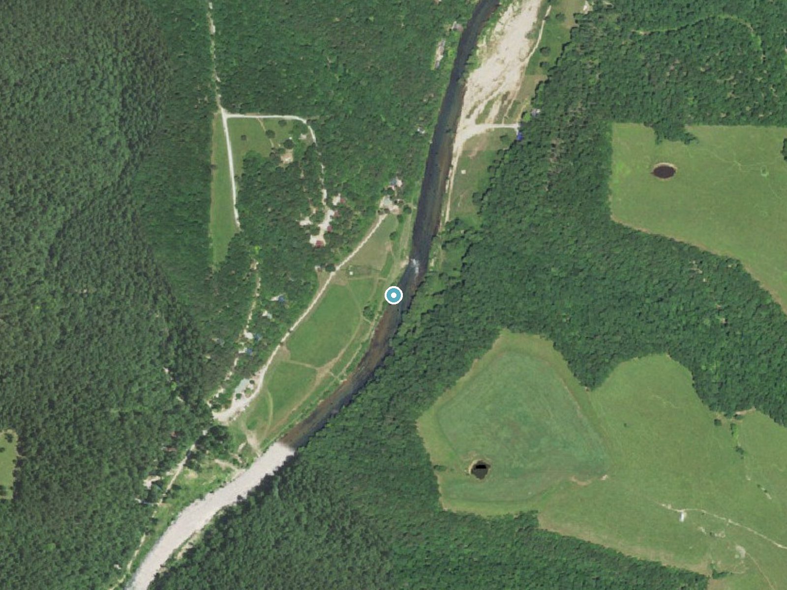Aerial photo of the same ground around The Falls near Bakersfield, Missouri, for comparison with the lidar view