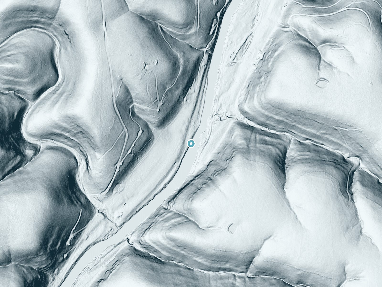 LiDAR bare-earth terrain around The Falls near Bakersfield, Missouri, showing about 27 feet of drop, a long cascade, facing east