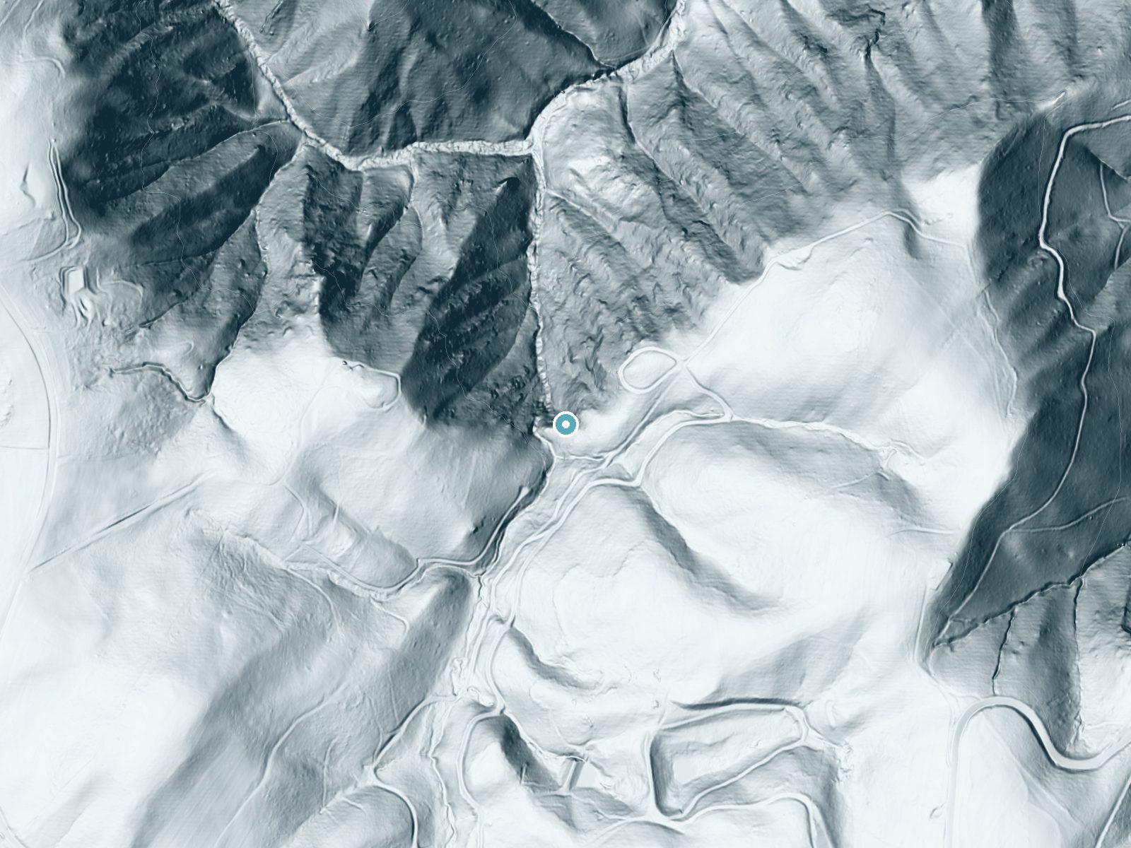 LiDAR bare-earth terrain around Smith River Falls near Meadows of Dan, Virginia, showing about 298 feet of drop, a steep tiered drop, facing northwest