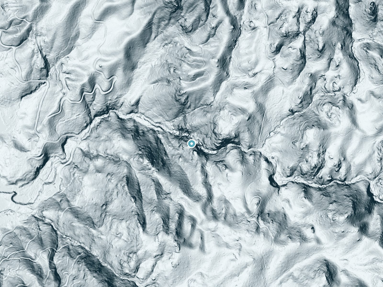 LiDAR bare-earth terrain around Ella Falls near Wilsonia, California, showing about 276 feet of drop, a steep tiered drop, facing northwest
