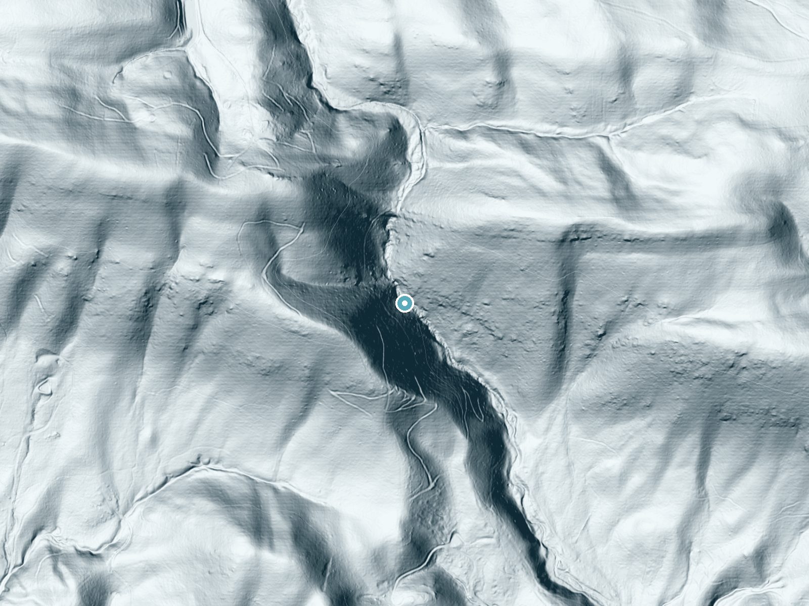 LiDAR bare-earth terrain around The Falls near Stevens Creek, Virginia, showing about 241 feet of drop, a steep tiered drop, facing east