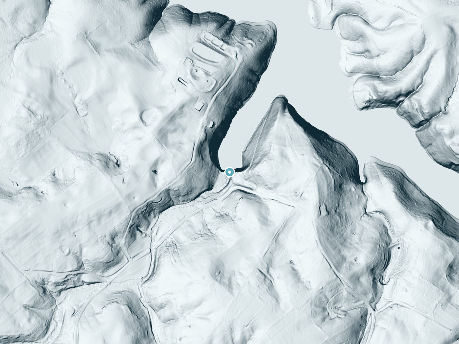 LiDAR bare-earth terrain around Seventy Six Falls near Albany, Kentucky, showing about 142 feet of drop, a steep tiered drop, facing north