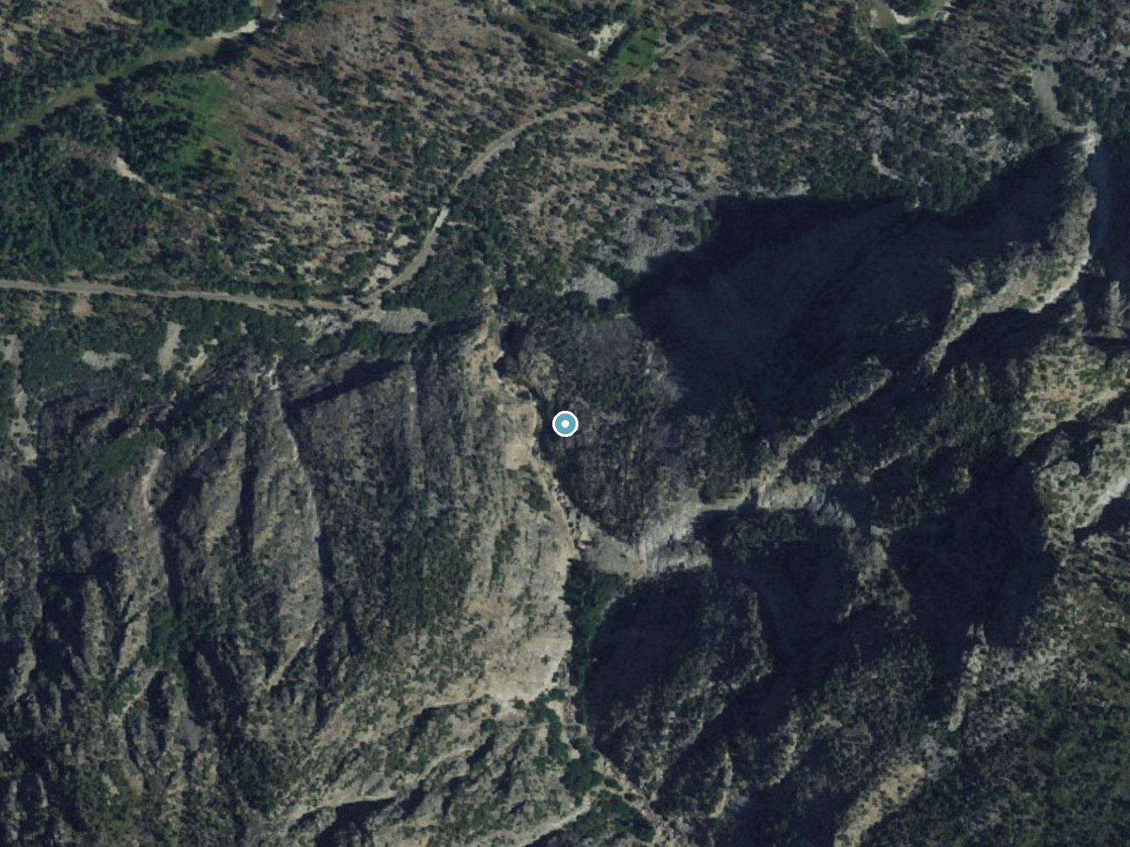 Aerial photo of the same ground around Roaring River Falls near Wilsonia, California, for comparison with the lidar view
