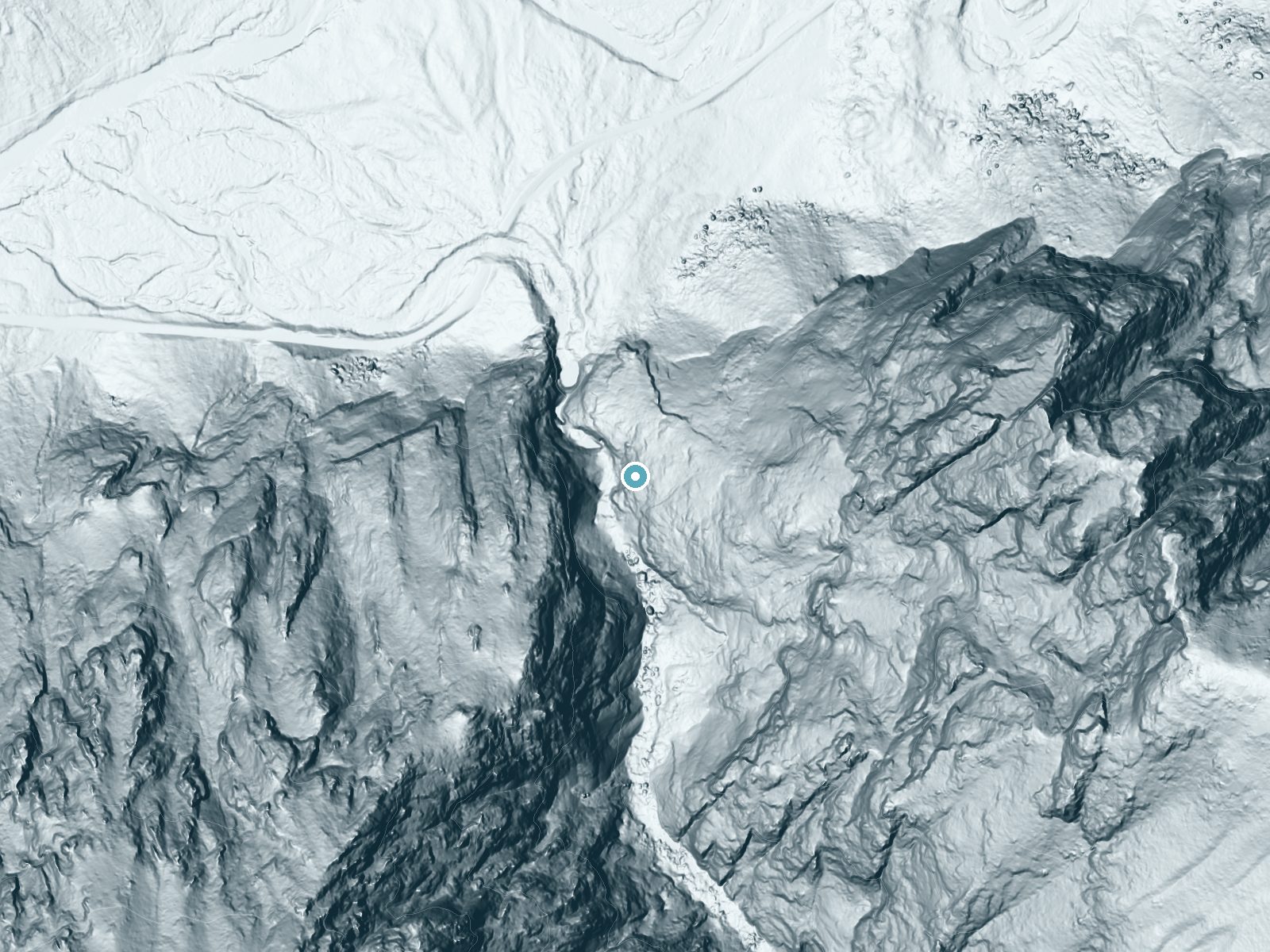 LiDAR bare-earth terrain around Roaring River Falls near Wilsonia, California, showing about 301 feet of drop, a single sheer drop, facing west