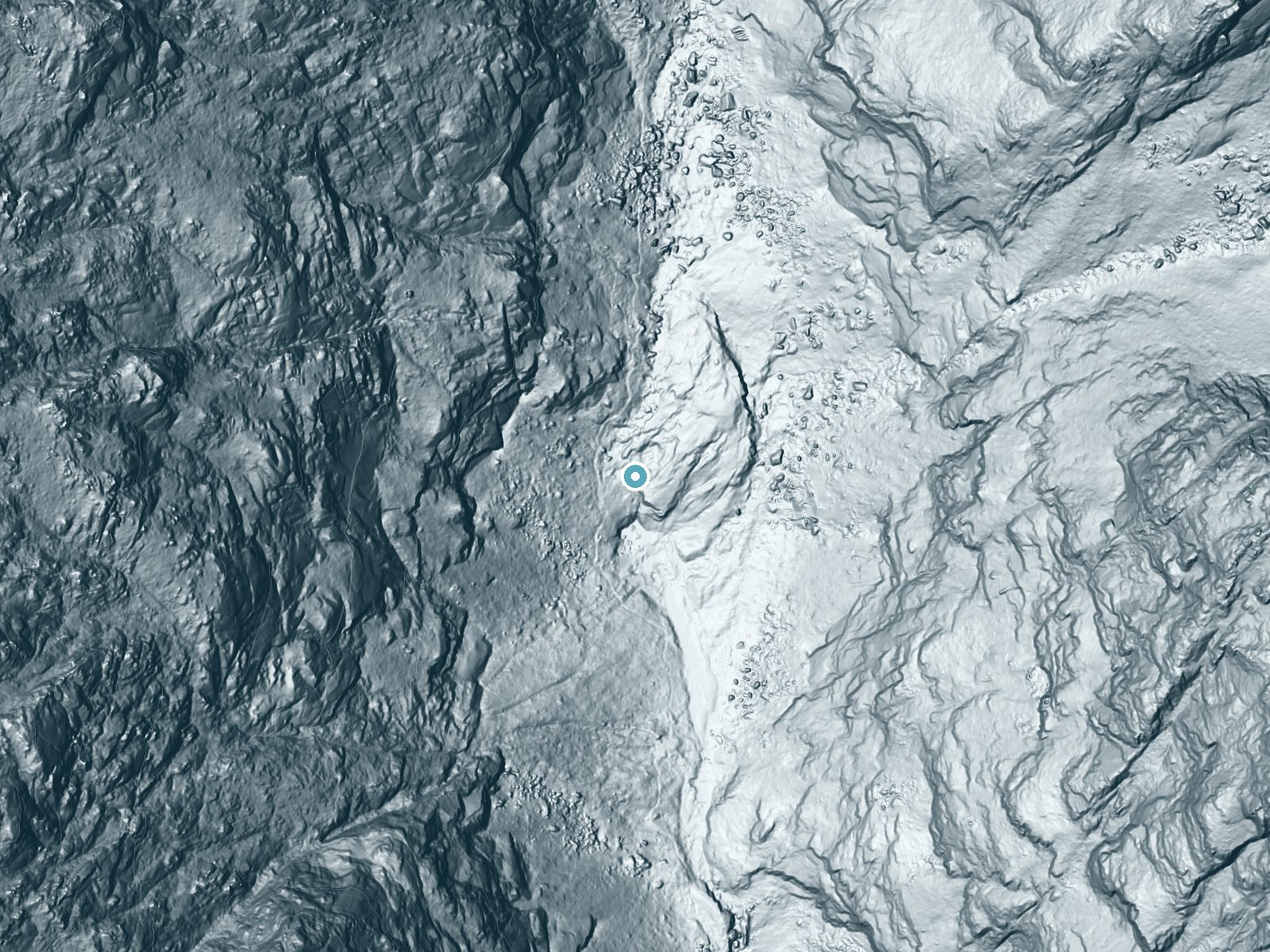 LiDAR bare-earth terrain around Mist Falls near Independence, California, showing about 170 feet of drop, a steep tiered drop, facing south