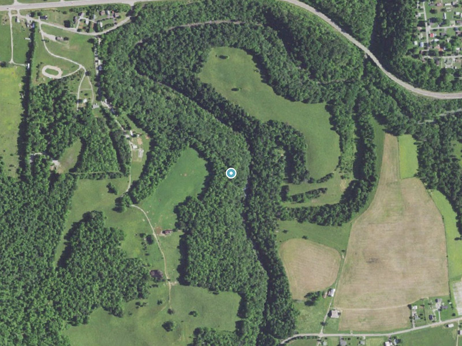 Aerial photo of the same ground around Jock Falls near Monticello, Kentucky, for comparison with the lidar view