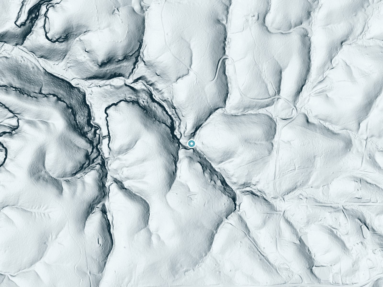 LiDAR bare-earth terrain around Amos Falls near Rockholds, Kentucky, showing about 81 feet of drop, a long cascade, facing northwest