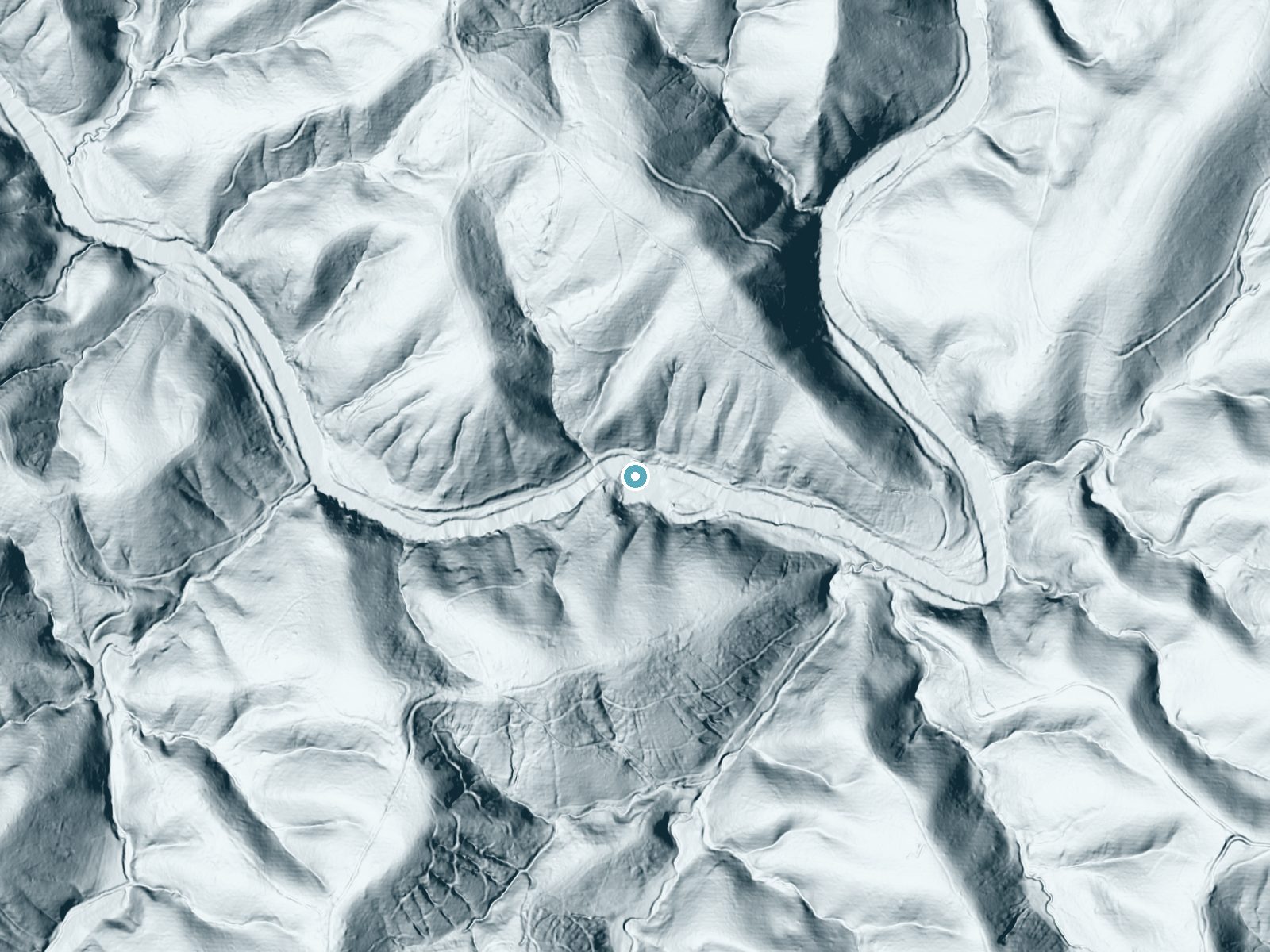 LiDAR bare-earth terrain around White Falls near Ferrum, Virginia, showing about 87 feet of drop, a long cascade, facing southeast