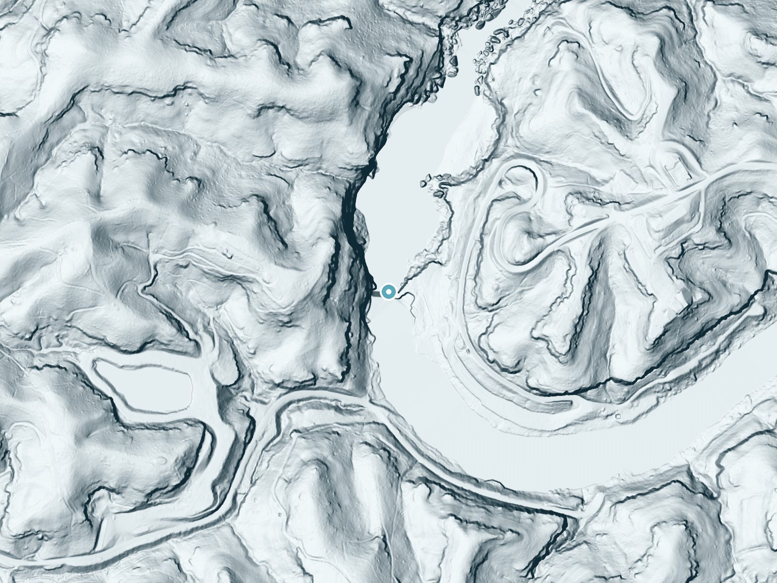 LiDAR bare-earth terrain around Cumberland Falls near Rockholds, Kentucky, showing about 180 feet of drop, a steep tiered drop, facing northeast