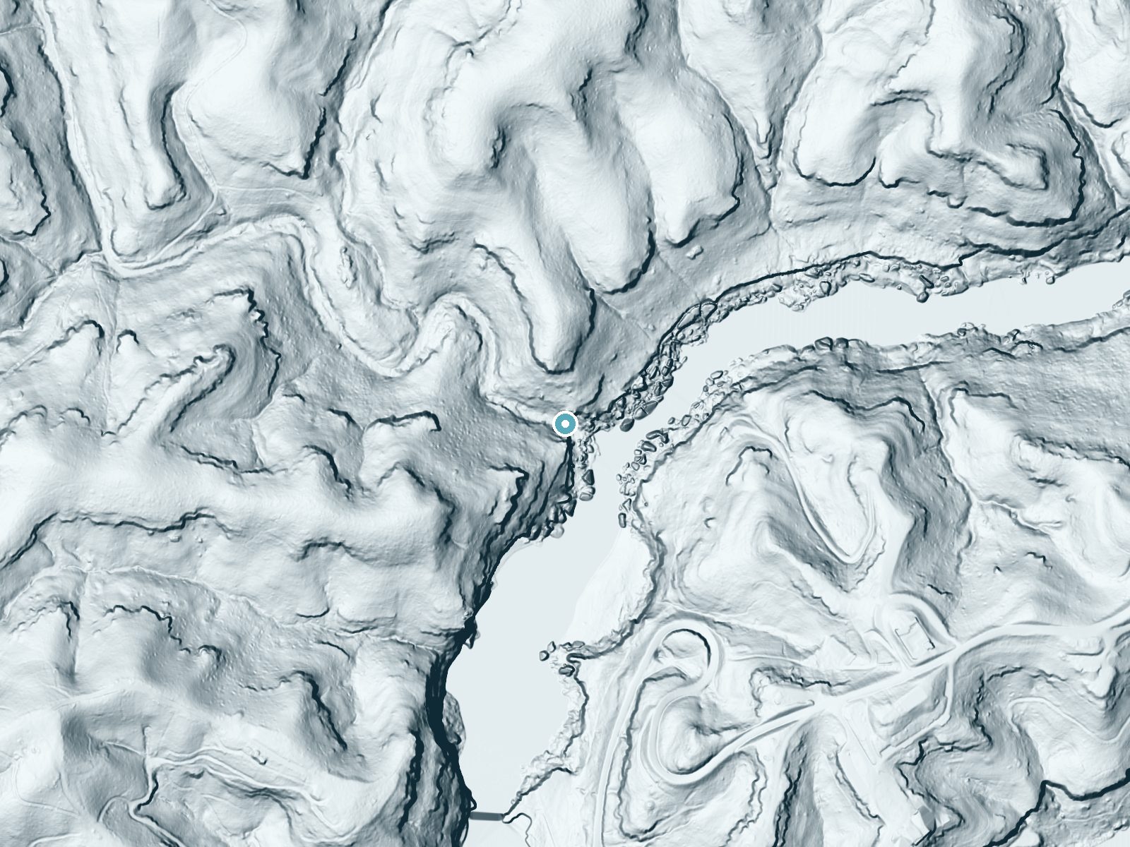 LiDAR bare-earth terrain around Eagle Falls near Rockholds, Kentucky, showing about 181 feet of drop, a steep tiered drop, facing southeast