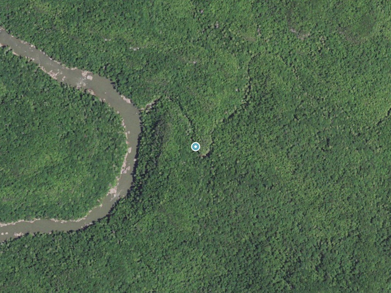 Aerial photo of the same ground around Dog Slaughter Falls near Rockholds, Kentucky, for comparison with the lidar view