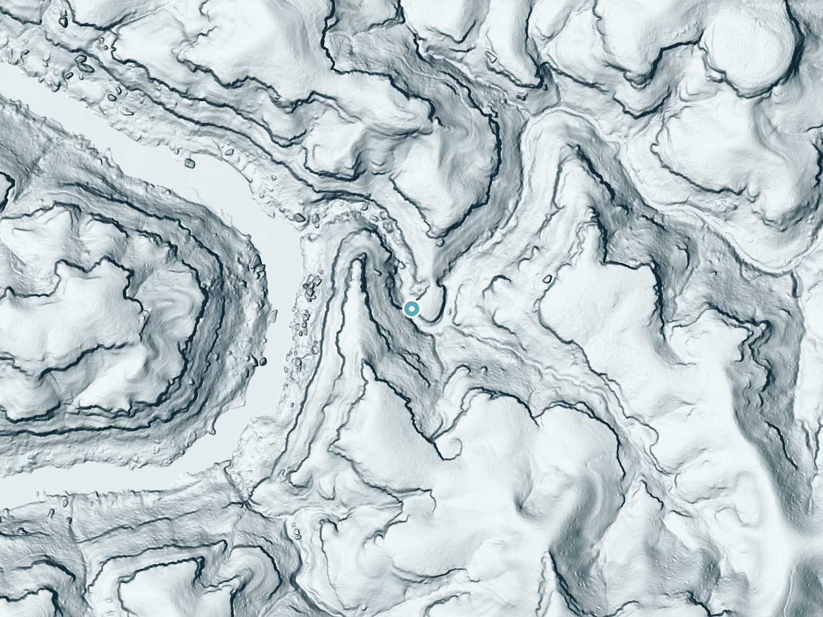 LiDAR bare-earth terrain around Dog Slaughter Falls near Rockholds, Kentucky, showing about 159 feet of drop, a steep tiered drop, facing northeast