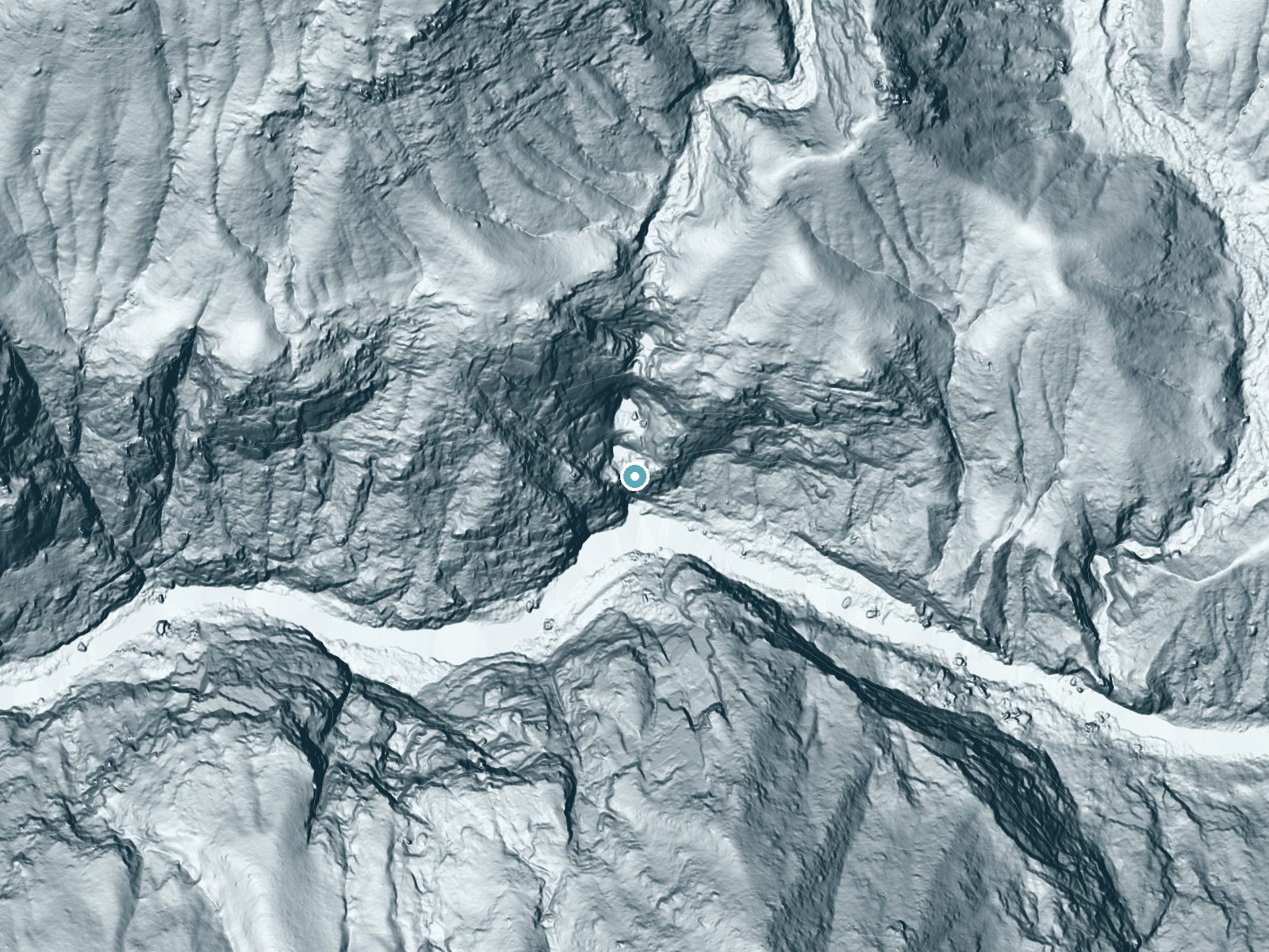 LiDAR bare-earth terrain around Garlic Falls near Wilsonia, California, showing about 413 feet of drop, a single sheer drop, facing south