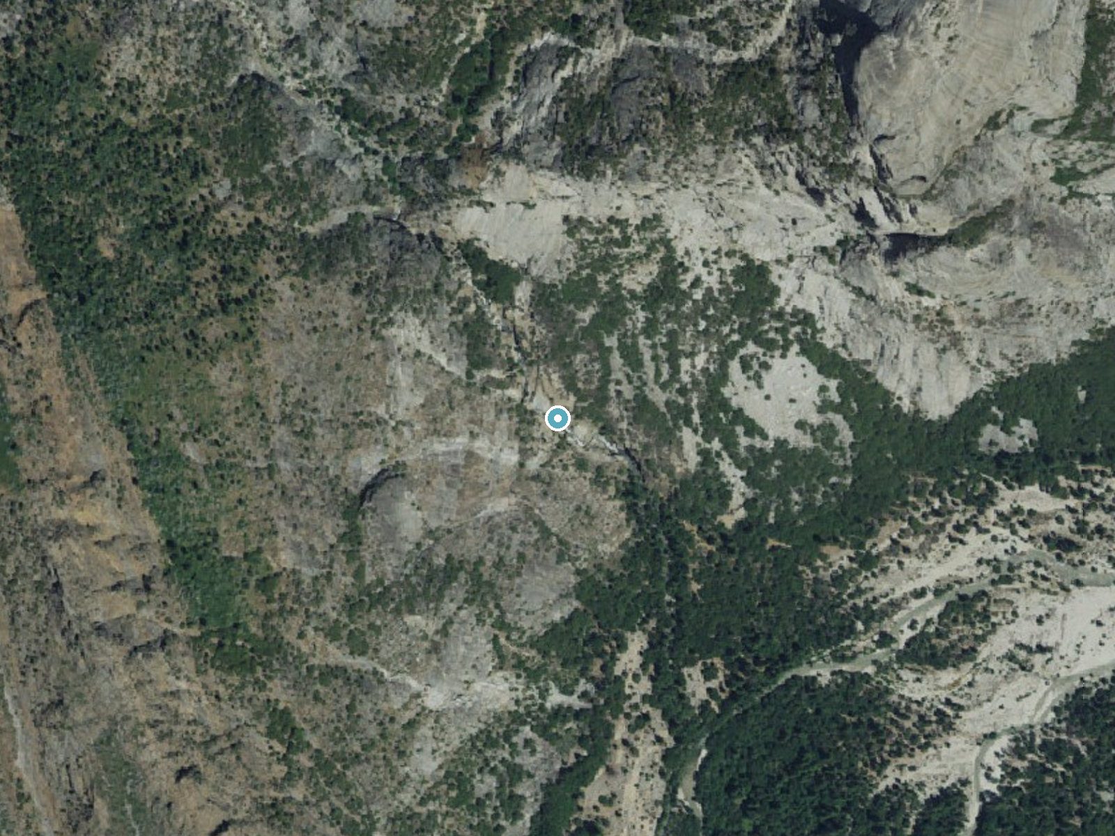 Aerial photo of the same ground around Silver Spray Falls near Wilsonia, California, for comparison with the lidar view