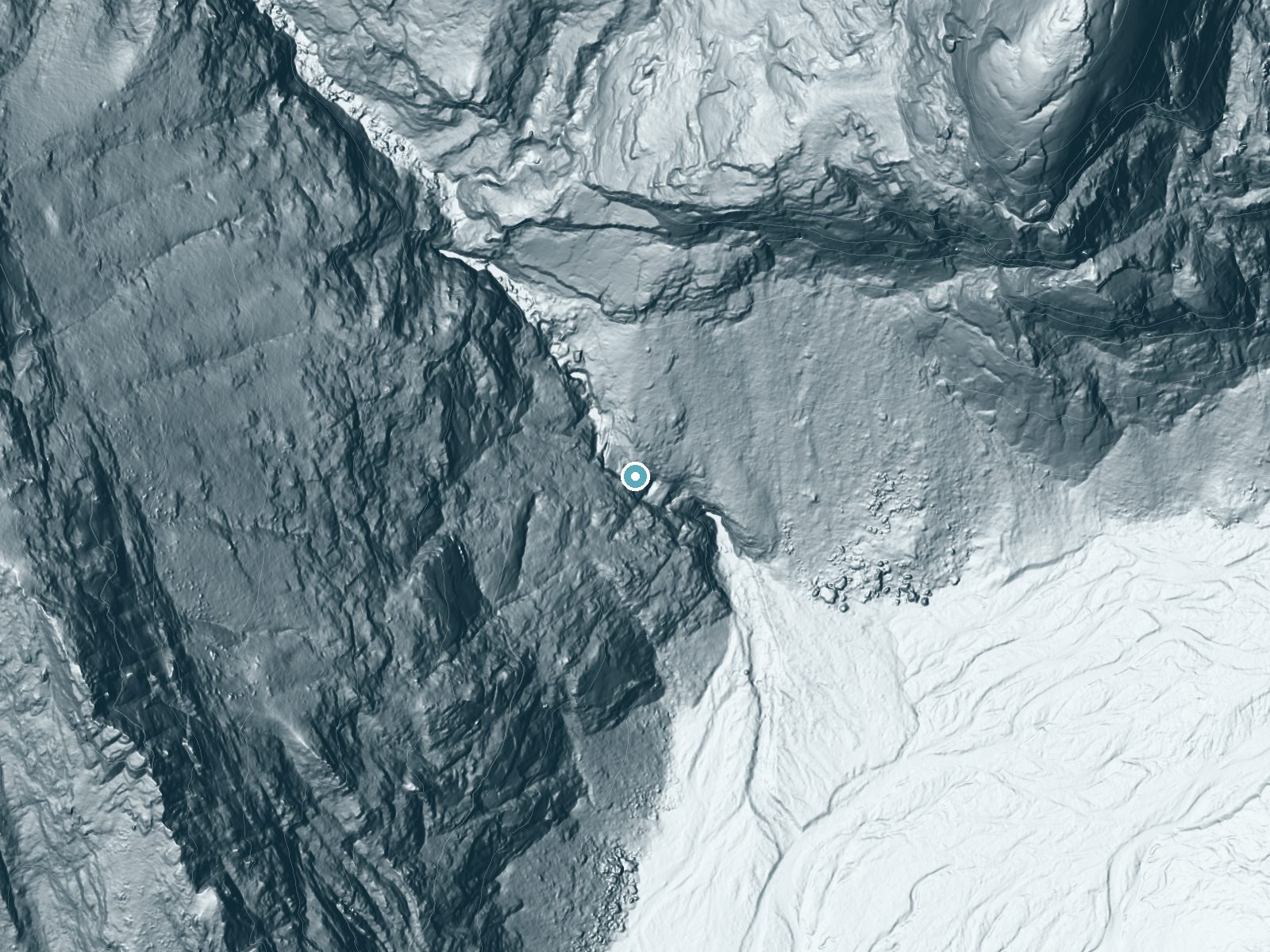 LiDAR bare-earth terrain around Silver Spray Falls near Wilsonia, California, showing about 387 feet of drop, a steep tiered drop, facing southeast