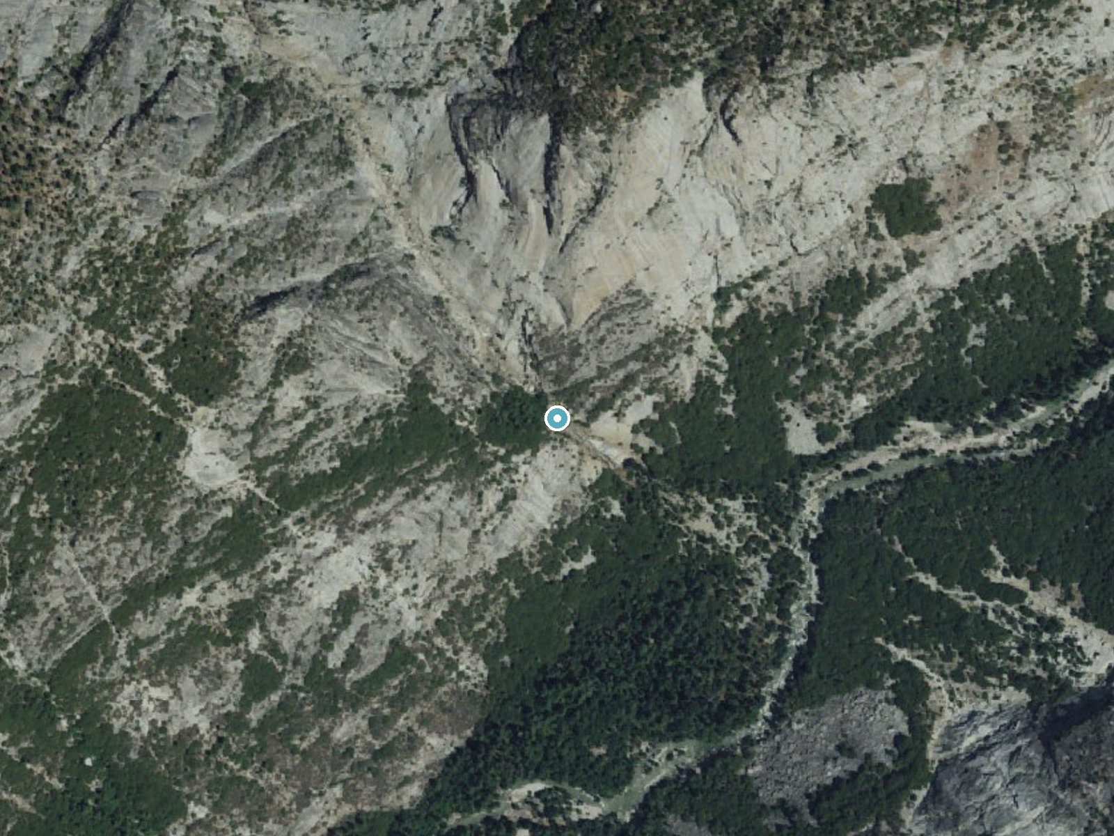 Aerial photo of the same ground around Blue Canyon Falls near Wilsonia, California, for comparison with the lidar view