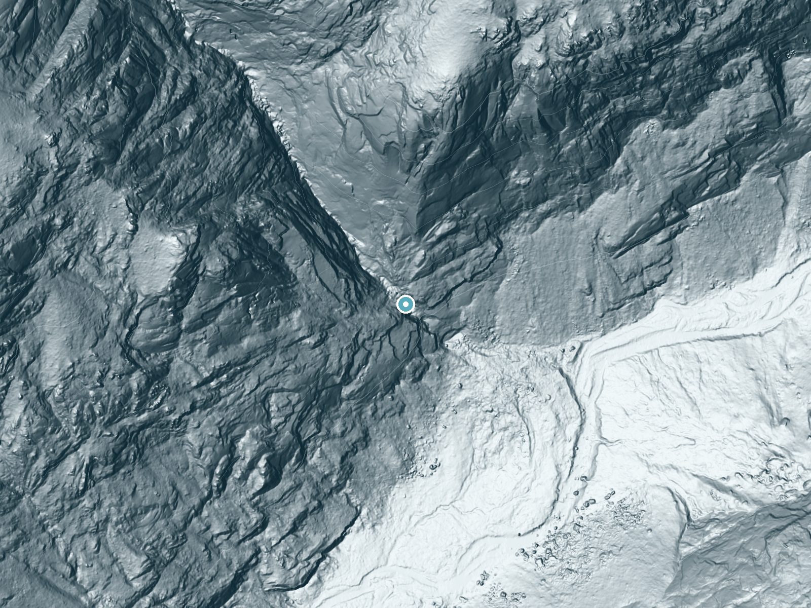 LiDAR bare-earth terrain around Blue Canyon Falls near Wilsonia, California, showing about 427 feet of drop, a steep tiered drop, facing southeast