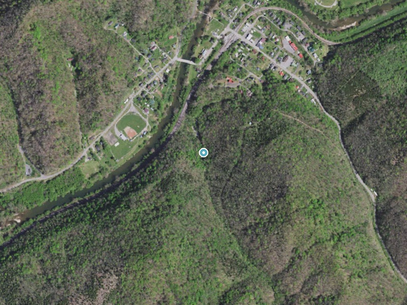 Aerial photo of the same ground around Tank Hollow Falls near Cleveland, Virginia, for comparison with the lidar view