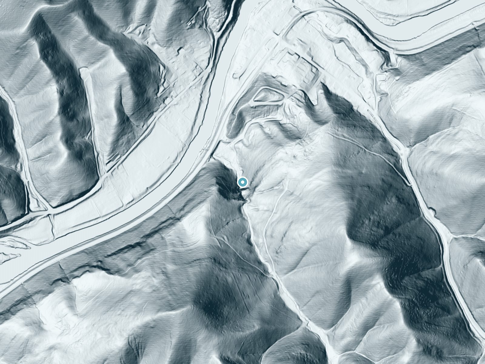 LiDAR bare-earth terrain around Tank Hollow Falls near Cleveland, Virginia, showing about 202 feet of drop, a steep tiered drop, facing northwest