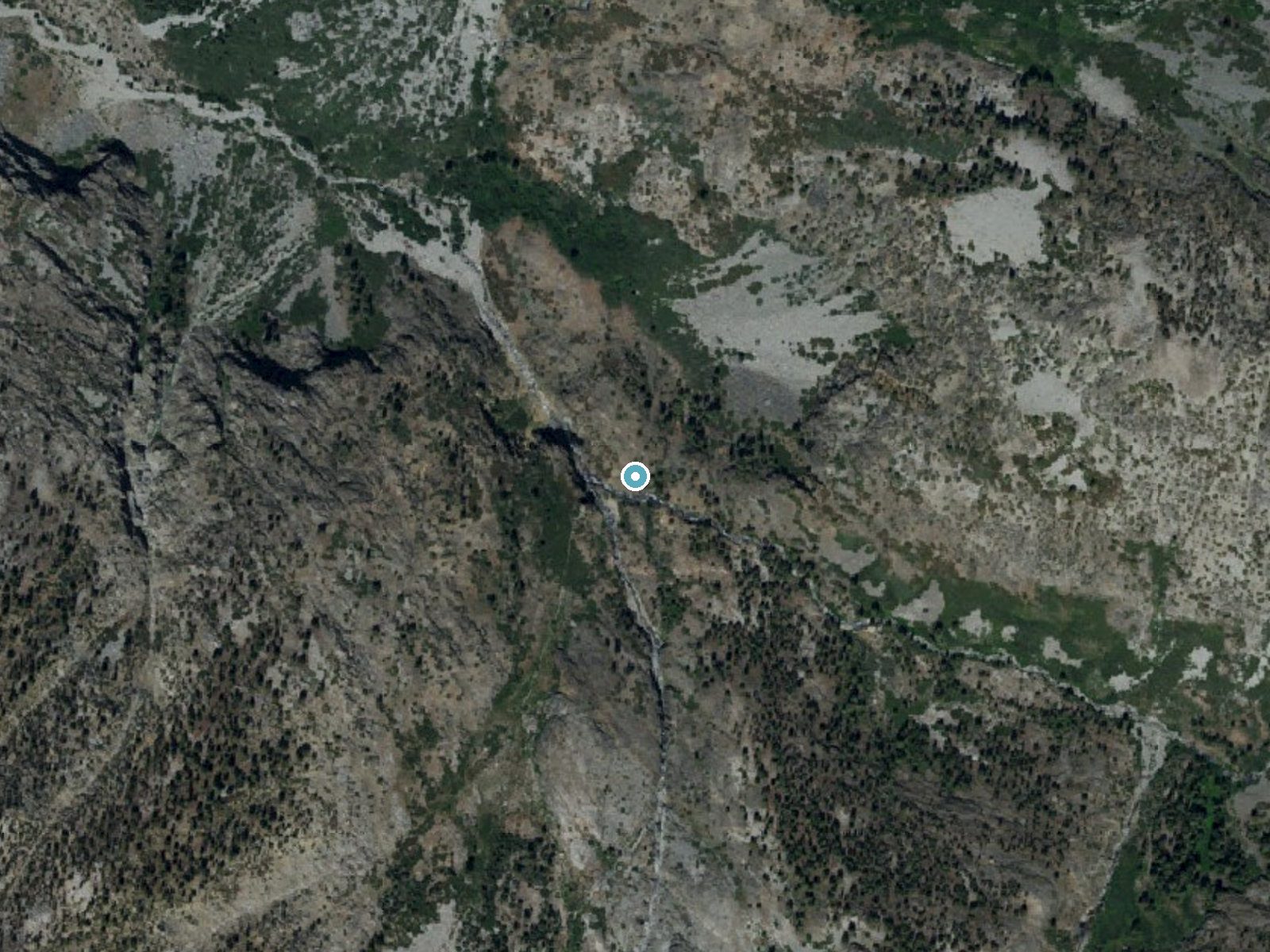 Aerial photo of the same ground around Triple Falls near Big Pine, California, for comparison with the lidar view