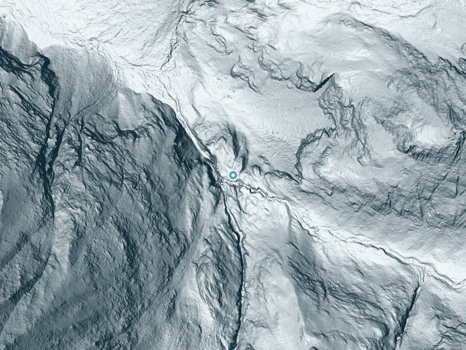 LiDAR bare-earth terrain around Triple Falls near Big Pine, California, showing about 297 feet of drop, a single sheer drop, facing west