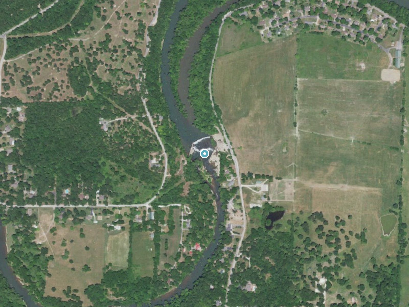 Aerial photo of the same ground around Shoal Creek Falls near Grand Falls Plaza, Missouri, for comparison with the lidar view