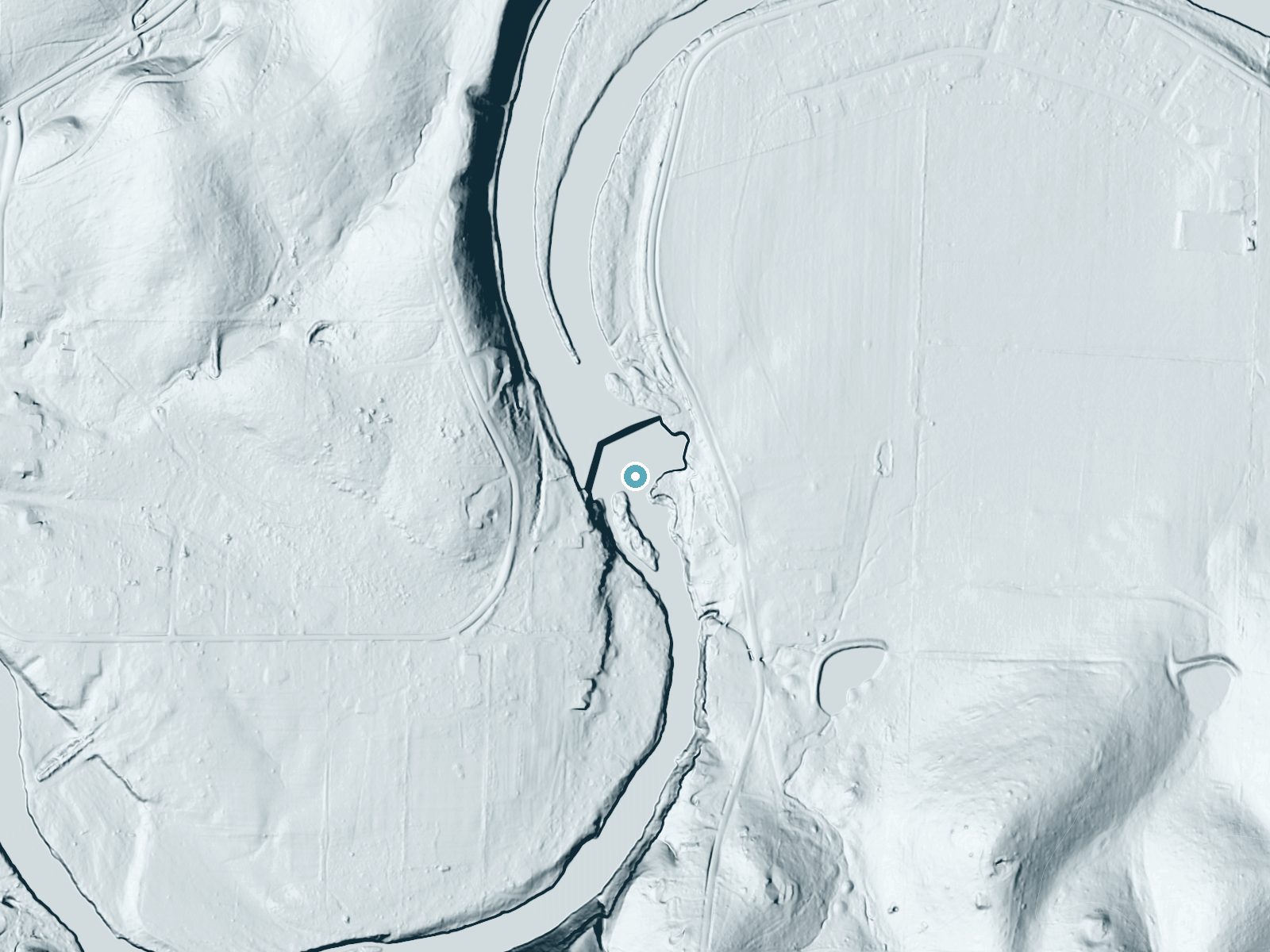 LiDAR bare-earth terrain around Shoal Creek Falls near Grand Falls Plaza, Missouri, showing about 34 feet of drop
