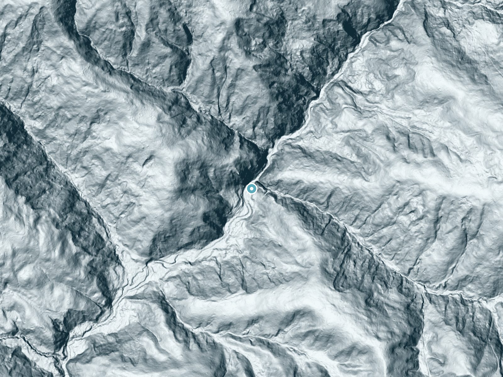 LiDAR bare-earth terrain around Fiver Finger Falls near Day Valley, California, showing about 230 feet of drop, a steep tiered drop, facing south