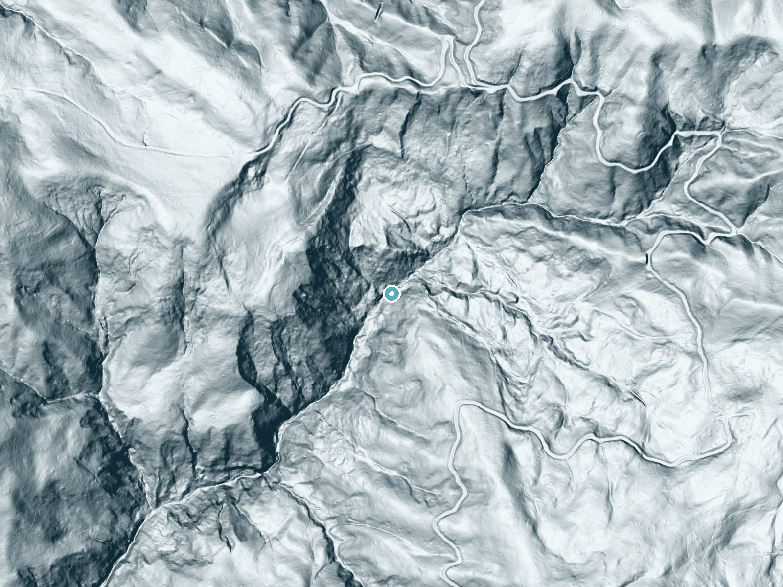 LiDAR bare-earth terrain around Maple Falls near Day Valley, California, showing about 227 feet of drop, a steep tiered drop, facing west