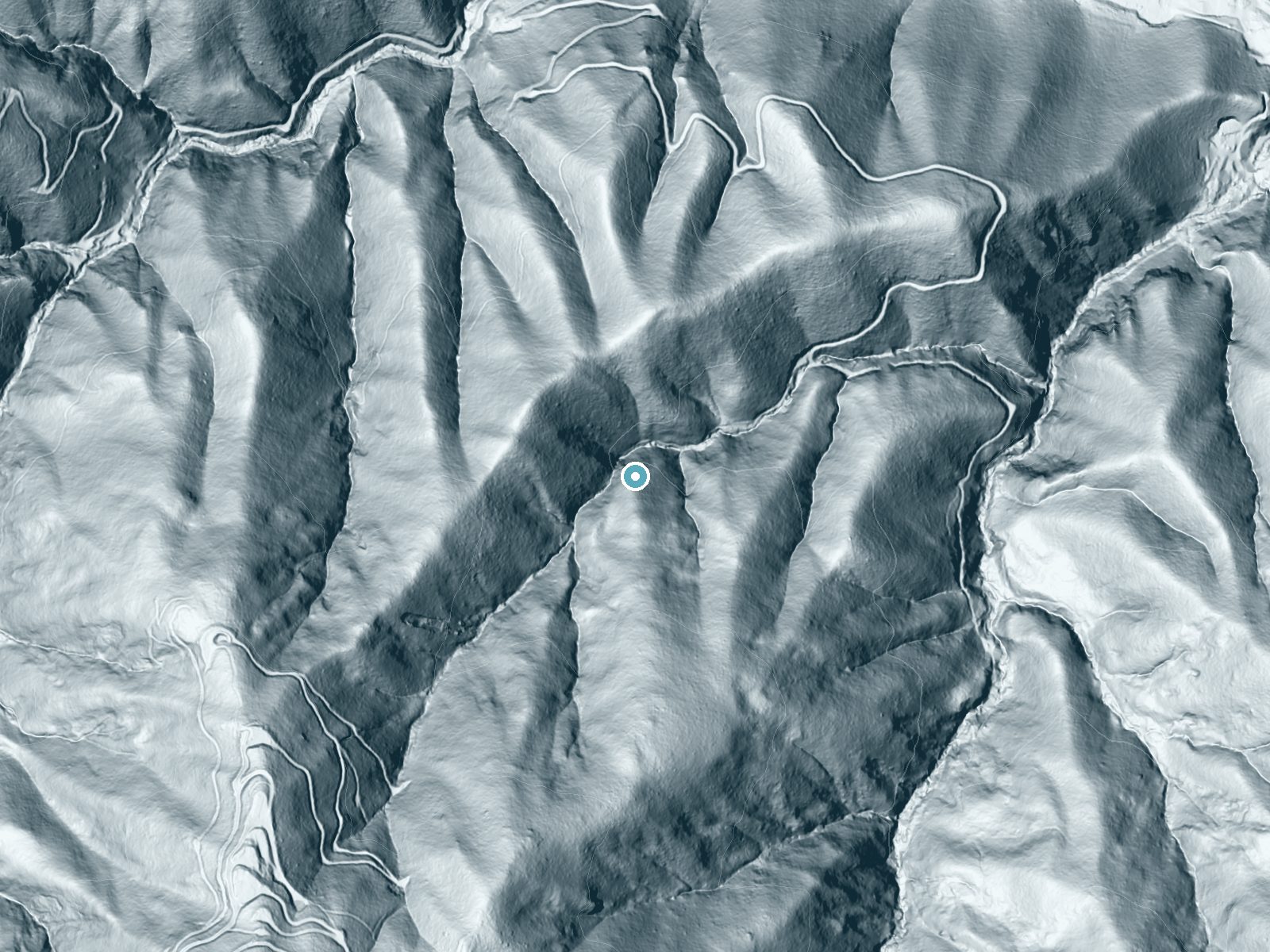 LiDAR bare-earth terrain around Triple Falls near Corralitos, California, showing about 262 feet of drop, a steep tiered drop, facing northeast